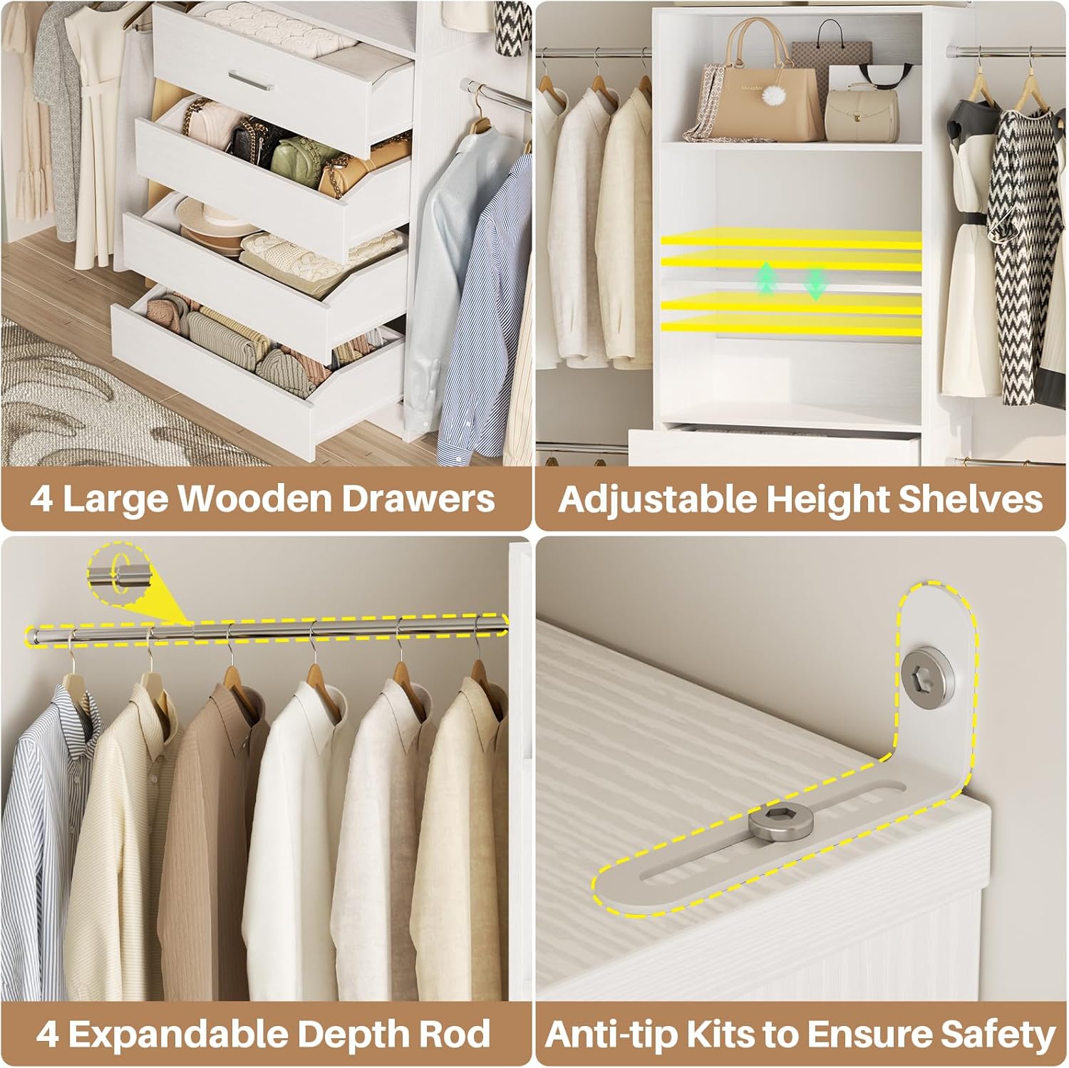 Aheaplus Closet System, 4-9Ft Closet Organizer with 4 Wooden Drawers, Wood Closet Organizer System with Tower, Walk-in Closet Organizer Wardrobe Clothes Rack with 4 Hanging Rods, Garment Rack, White
