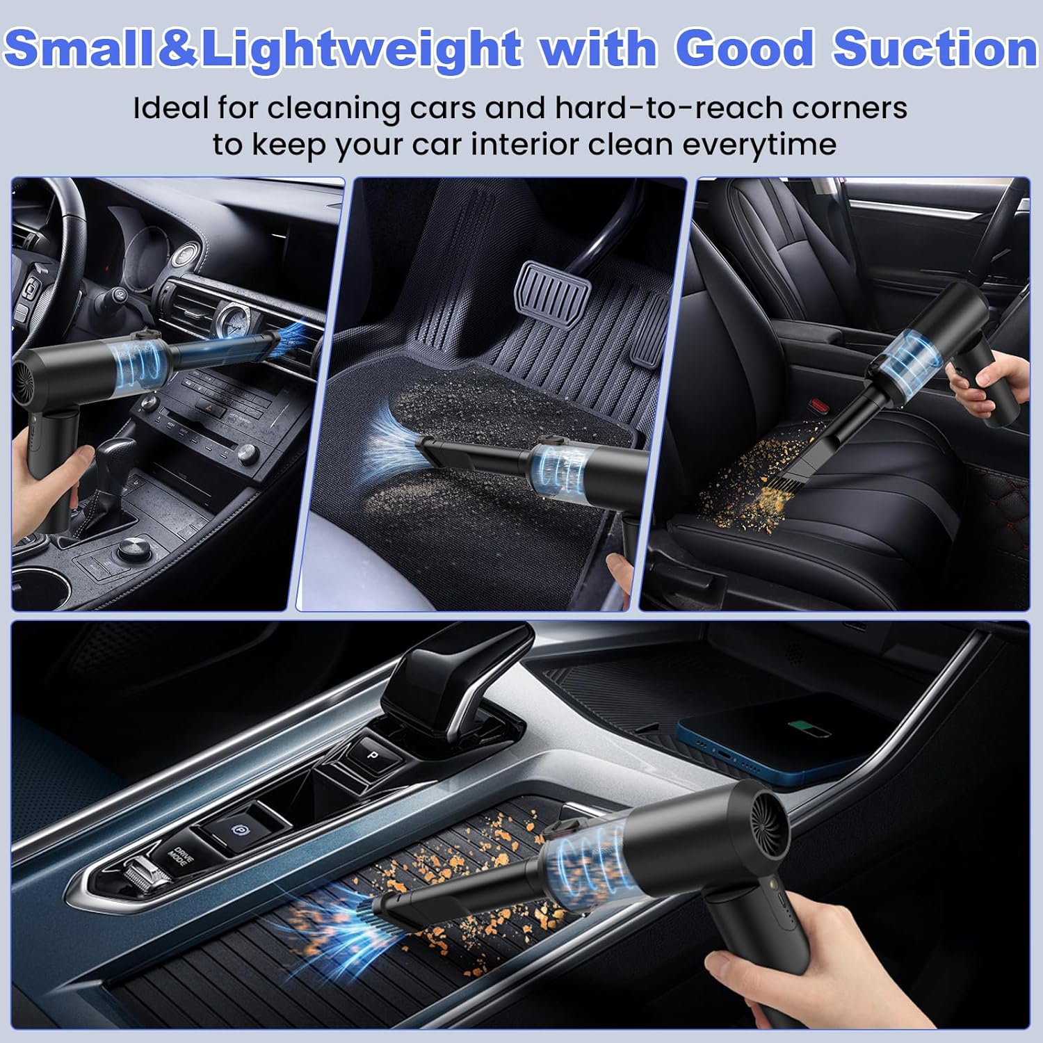 Car Vacuum Portable Cordless with 16000PA Ultra Suction 4-in-1 Foldable Air Duster & Brushless Motor Rechargeable Handheld Vacuum for Pet Hair, Car Seats, Home & Office Cleaning