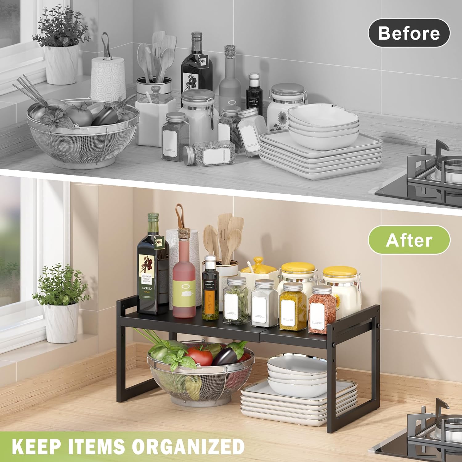 DOLALIKE Expandable kitchen Countertop Organizer, Stackable Cabinet Shelf Organizers, Space Saving Spice Rack Pantry Storage for Bathroom Office Organization (Black, 2 Pack)