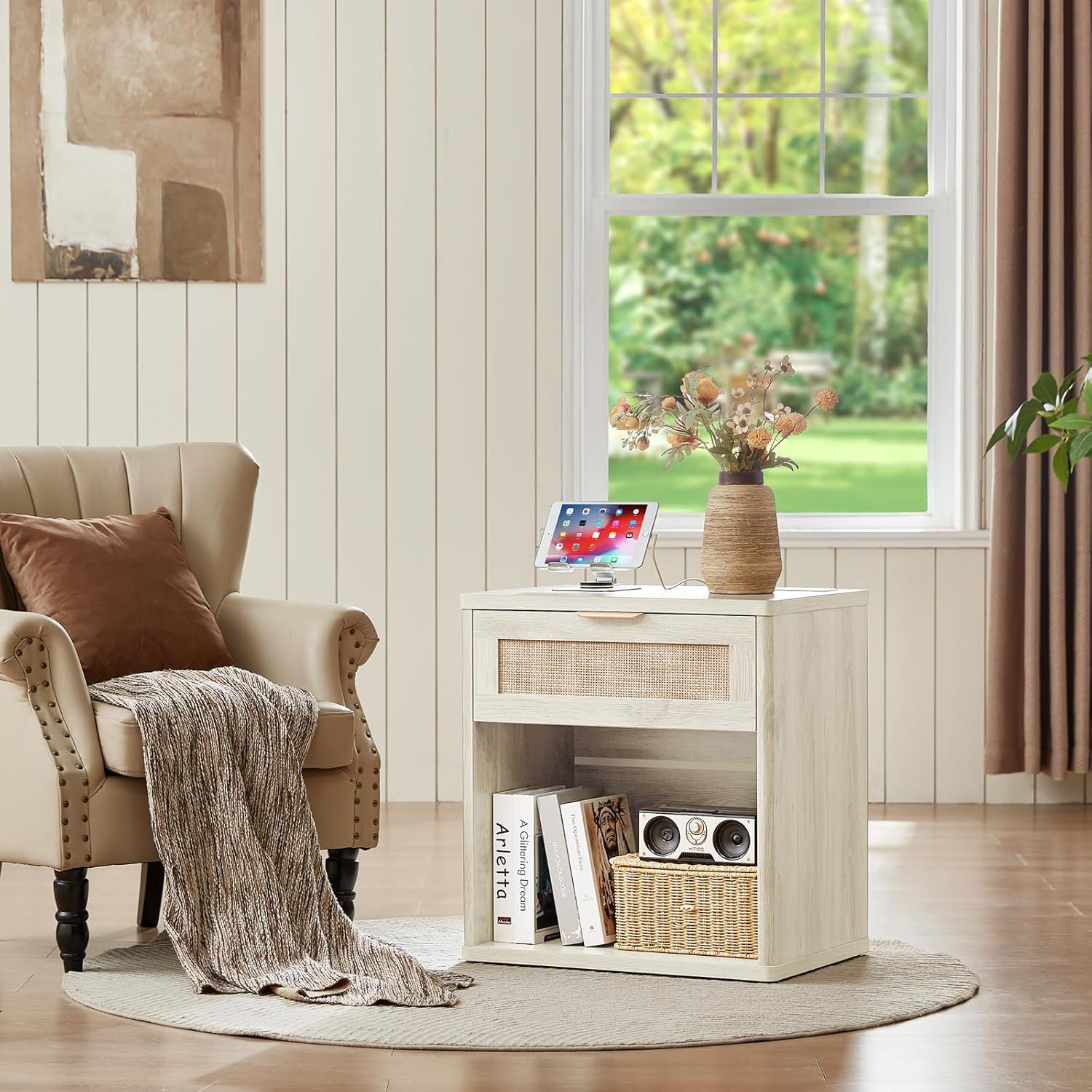 LEYAOYAO Rattan Nightstands Set of 2 with Charging Station, 23" Wide Boho Night Stand with Drawer, Grey White Bedside Table Open Cabinet, Bed Side End Table Dresser for Bedroom, Living Room, Hallway