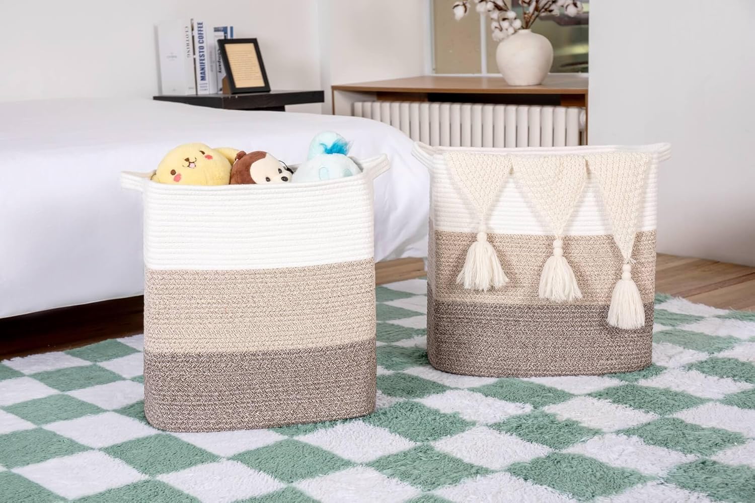 Storage Baskets for Clothes Fabric Cotton Rope Storage Basket with Handles, Decorative Woven Basket for Living Room,Closet Organizer Blankets, and 2bags (Gradient Brown, L14×W11×H14)