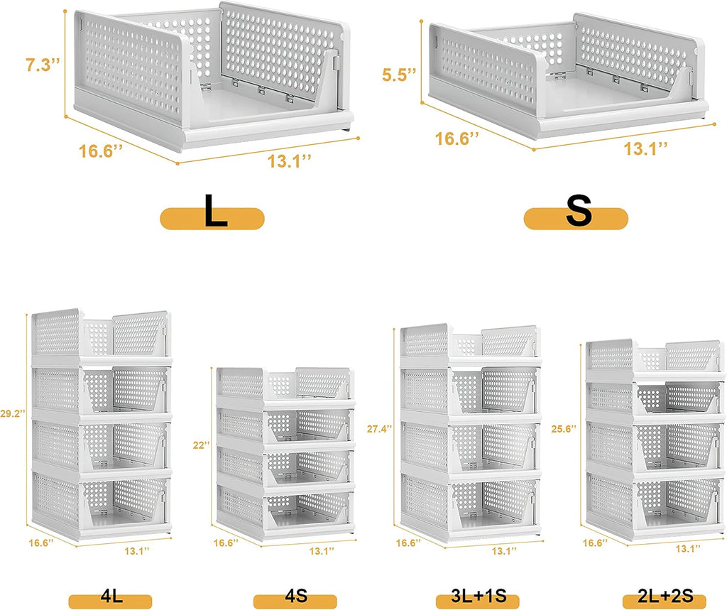 Proarea Stackable Plastic Storage Basket Closet Organizer Bin Foldable Clothes Organizer Storage Drawer Shelf Container for Living Room Bathroom Kitchen Office Laundry Room