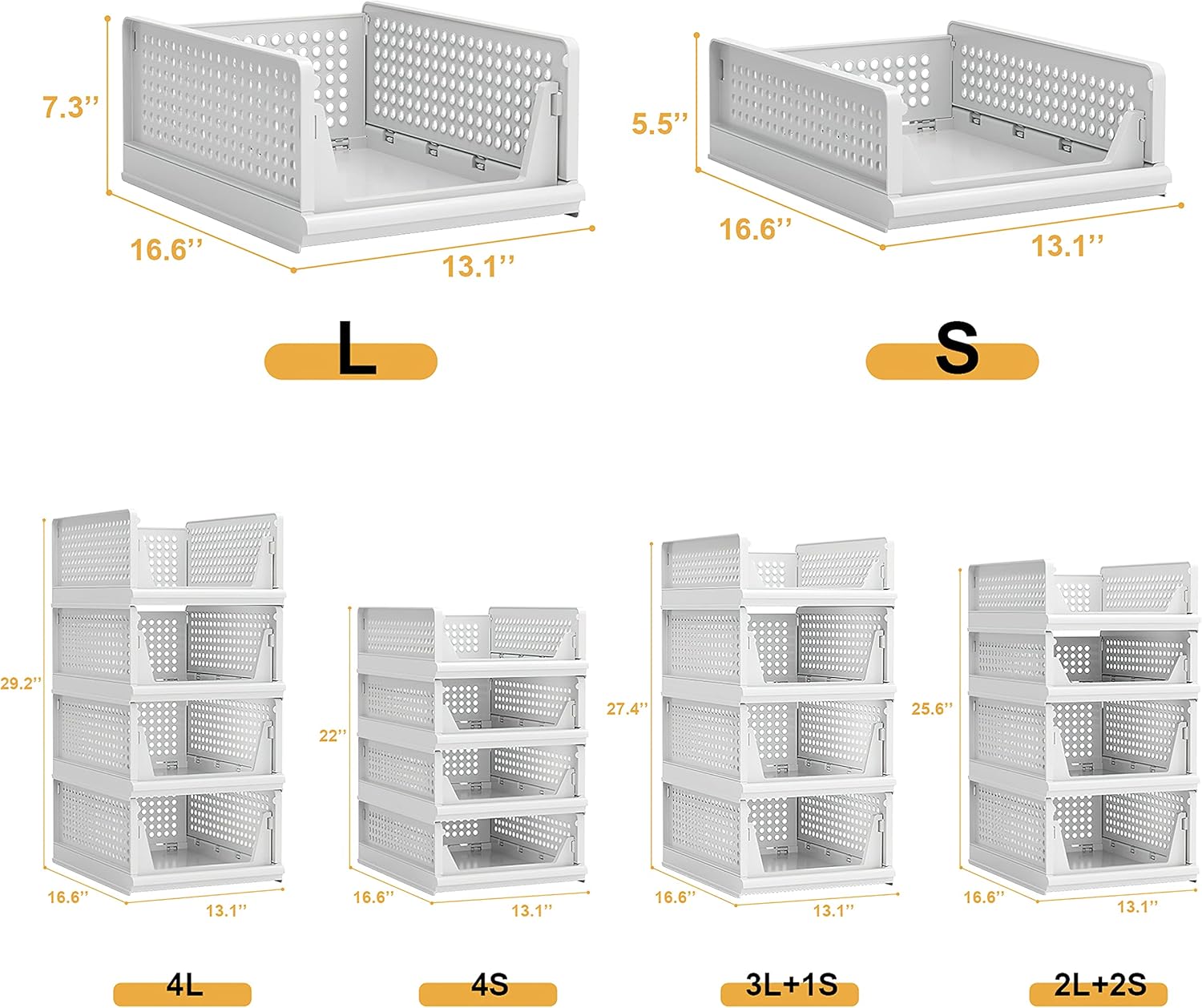 Proarea 4 Pack Stackable Plastic Storage Basket Closet Organizer Bin Foldable Clothes Organizer Storage Drawer Shelf Container for Living Room Bathroom Kitchen Office (2L+2S)