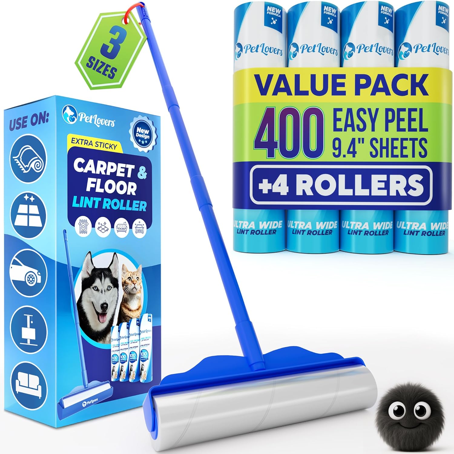 PetLovers Large Lint Roller with 3 Refills – 400 Total Sheets for Tackling Pet Hair, Extra Large Floor and Carpet Roller for Homes with Pets, Perfect for Floors, Furniture, and Loving Pet Owners