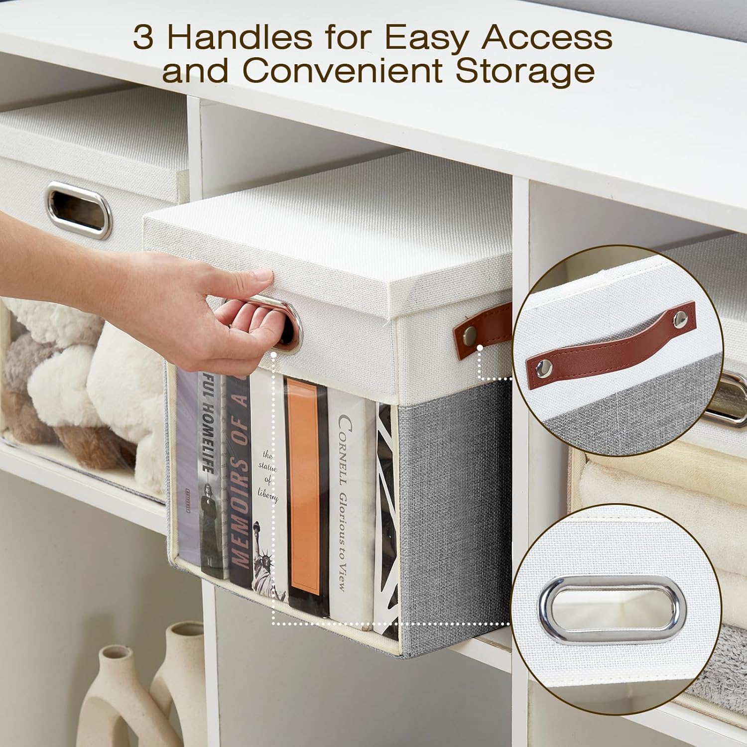 Fabric Storage Cubes with Clear Windows and Lids, 11'' Foldable Storage Bins with 3 Handles, Decorative Storage Boxes for Home, Bedroom, Closet, Office (Gray & White)