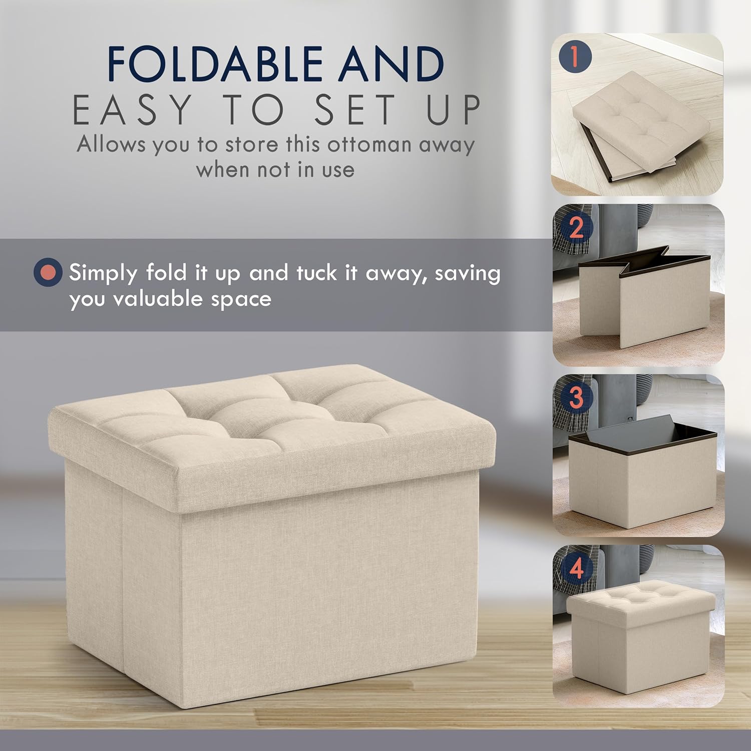 Ornavo Home Small Storage Ottoman, Set of 2, Foldable Collapsible Rectangle Linen Ottoman Foot Rest Stool Seat, for Living Room, Bedroom, Home Office, Dorm - 12 x 16 x 12, Beige
