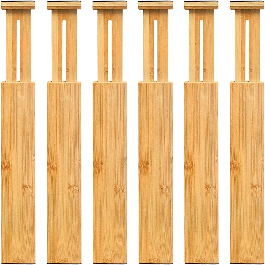 VaeFae 6-Pack Bamboo Drawer Dividers – Adjustable 14"-19.1" (Fits 15"-18" Drawers ONLY), Spring-Loaded Expandable Organizer for Kitchen, Bedroom, Office & Bathroom, MUST MEASURE Before Purchase