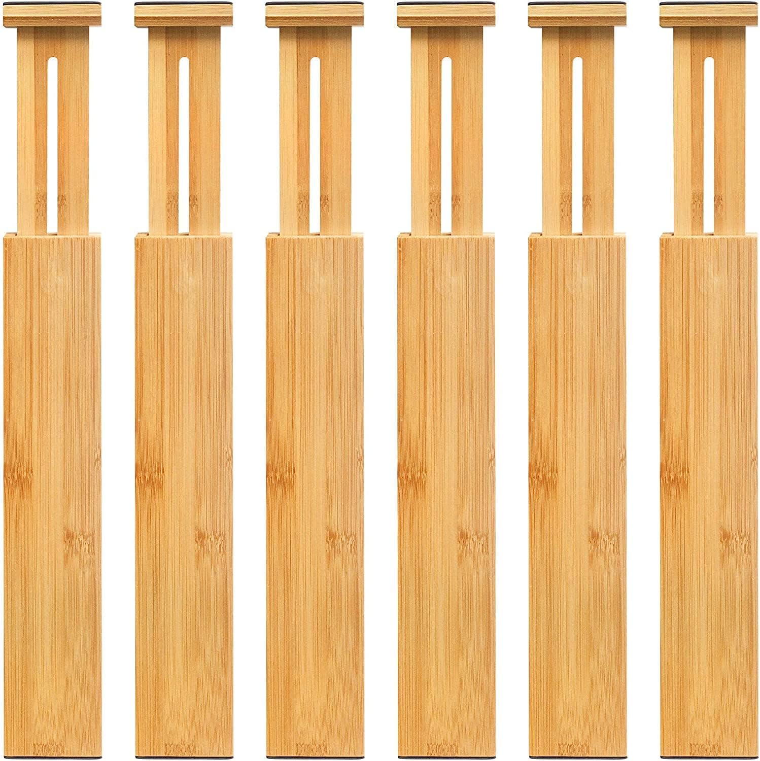 VaeFae 6-Pack Bamboo Drawer Dividers – Adjustable 14"-19.1" (Fits 15"-18" Drawers ONLY), Spring-Loaded Expandable Organizer for Kitchen, Bedroom, Office & Bathroom, MUST MEASURE Before Purchase