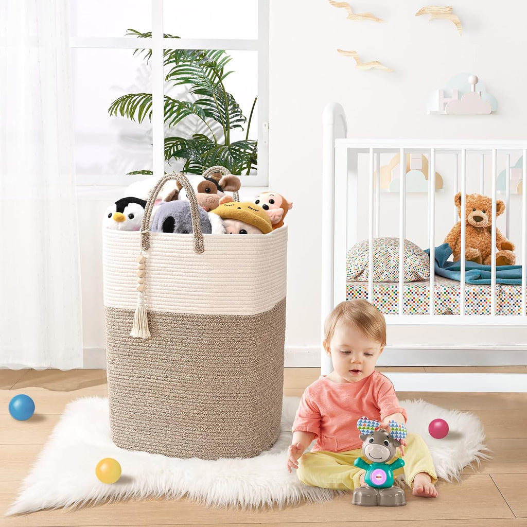 Woven Laundry Basket for Clothes, 50L Large Rectangle Laundry Hampers with Beads Tassel, Nursery Storage Basket for Toys, Tall Dirty Clothes Hamper for Bedroom Aesthetic, Laundry Room Organization