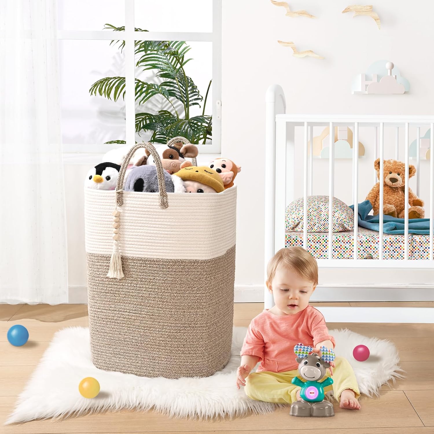 Woven Laundry Basket for Clothes, 50L Large Rectangle Laundry Hampers with Beads Tassel, Nursery Storage Basket for Toys, Tall Dirty Clothes Hamper for Bedroom Aesthetic, Laundry Room Organization