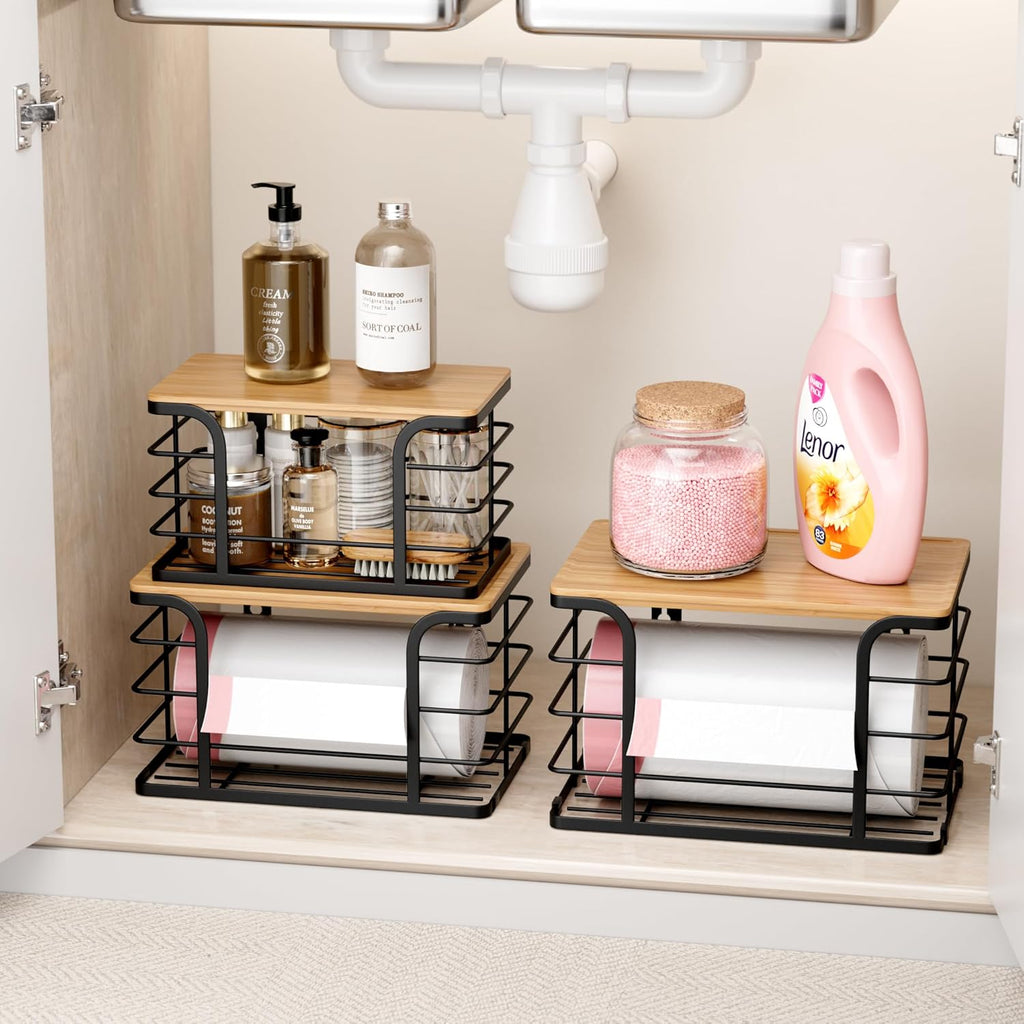 3 Pack Stackable Pantry Organizer,Stainless Steel Trash Bag Holder Dispenser,Kitchen Storage Organization for Kitchen Counter Sink,Laundry Room,Pantry, Black