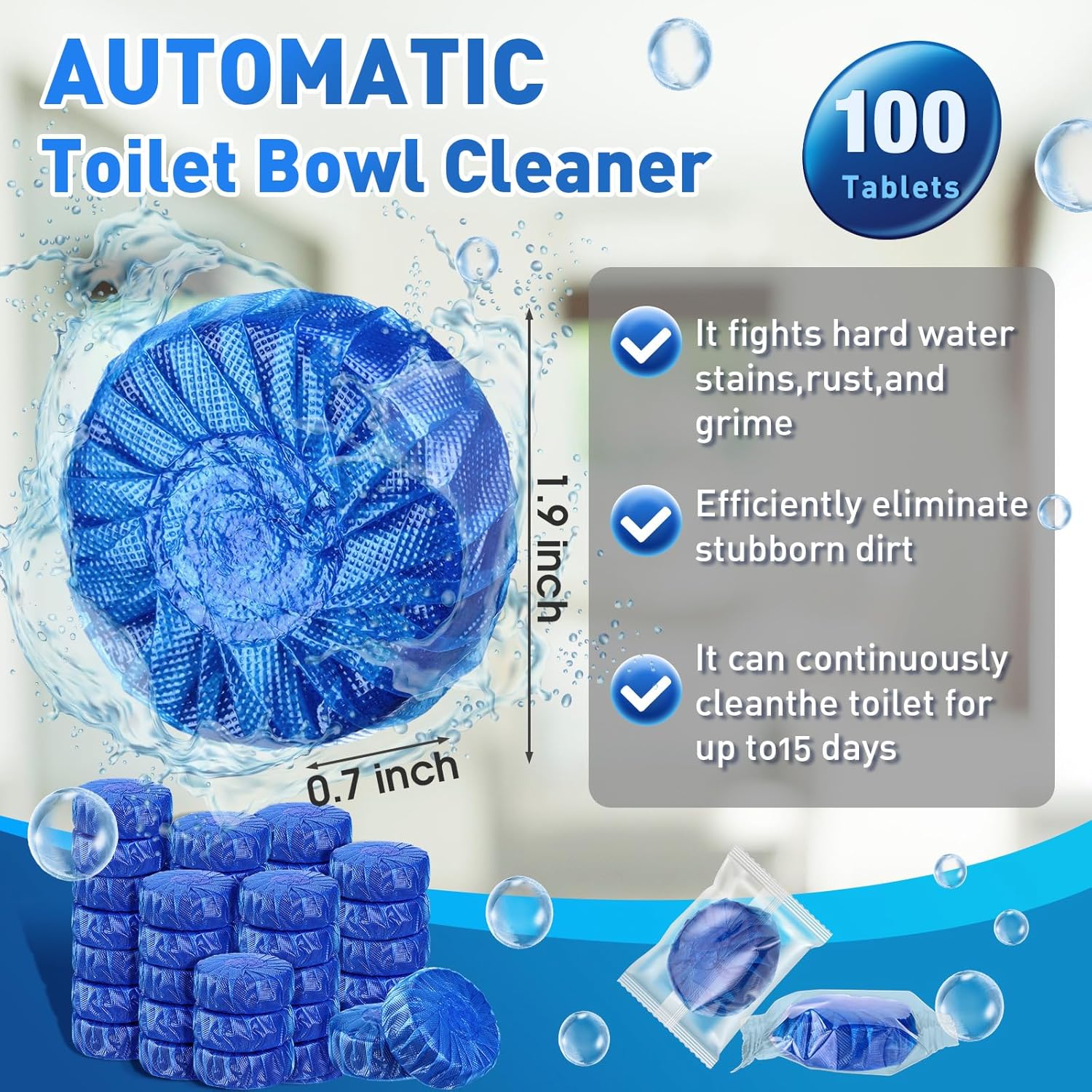Qualirey 100 Pack Automatic Toilet Cleaner Tablets Toilet Bowl Long Lasting Bathroom Tank Tablets (Blue)