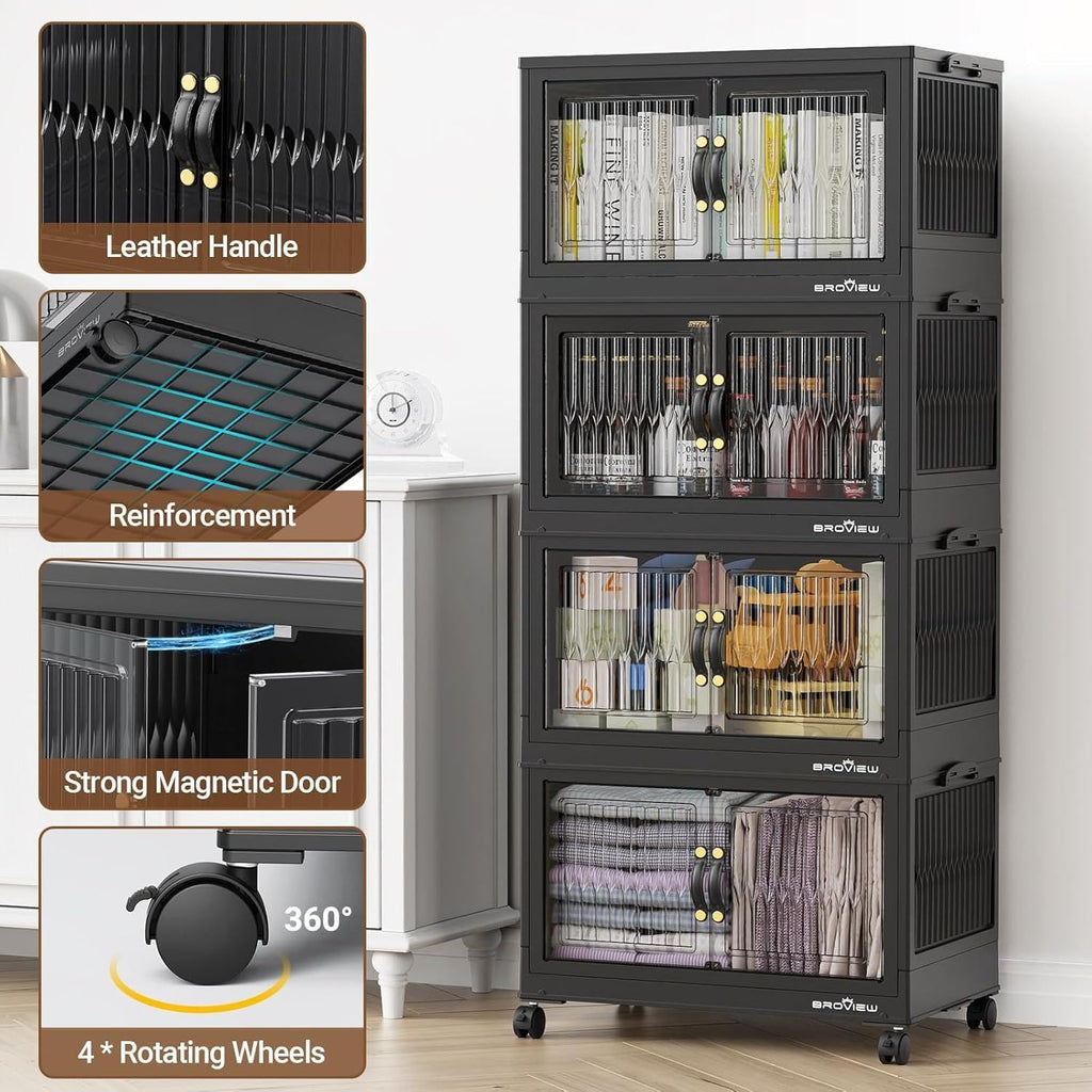 BROVIEW 400Qt Stackable Storage Bins with Lid, Extra Large Closet Organizer Collapsible Drawer Boxes with Wheels, Folding Plastic Cabinet Containers for Home Kitchen Room Organization, 5Pack Black
