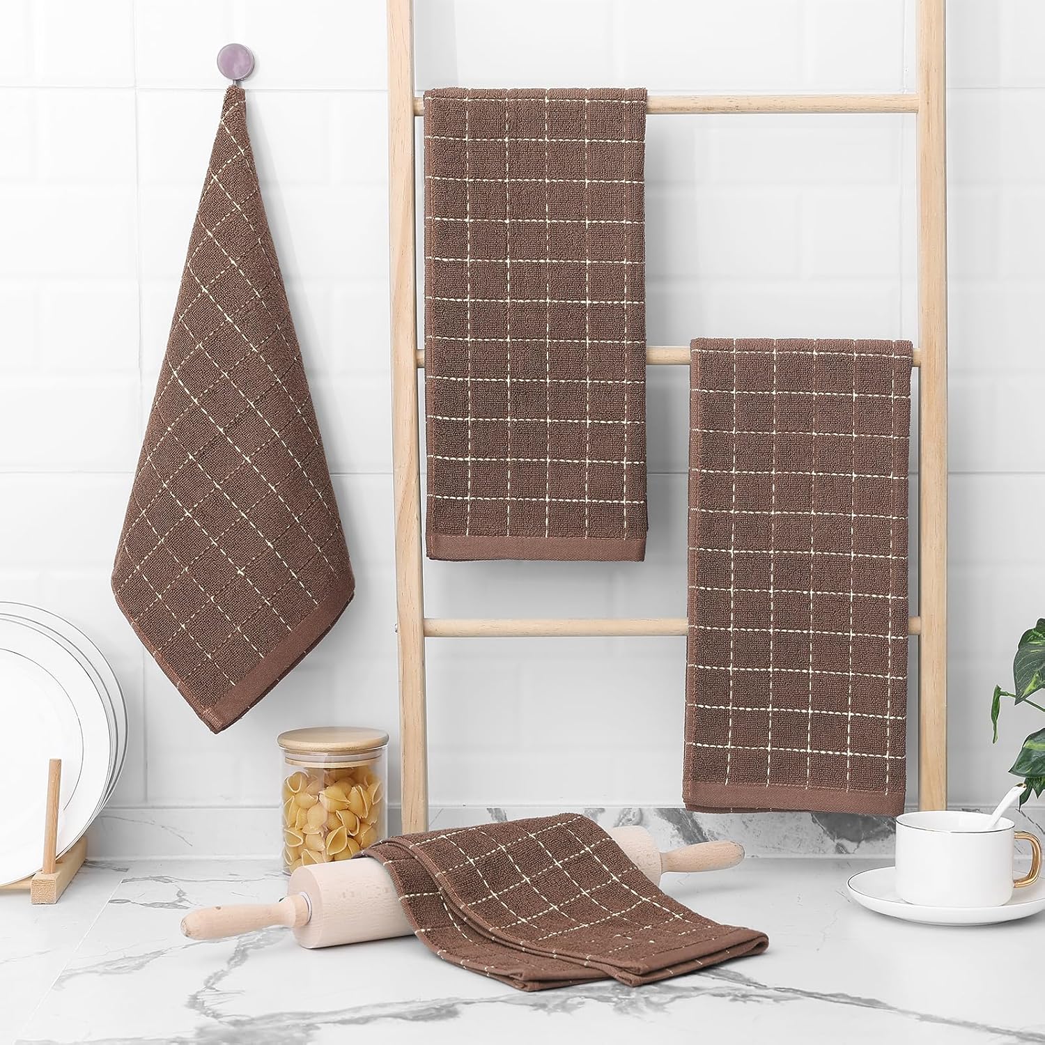 Homaxy 100% Cotton Terry Kitchen Dish Cloths, Ultra Soft and Absorbent Dish Towels for Kitchen, Suitable for Drying and Washing Dishes, 6 Pack, 12 x 12 Inches, Brown