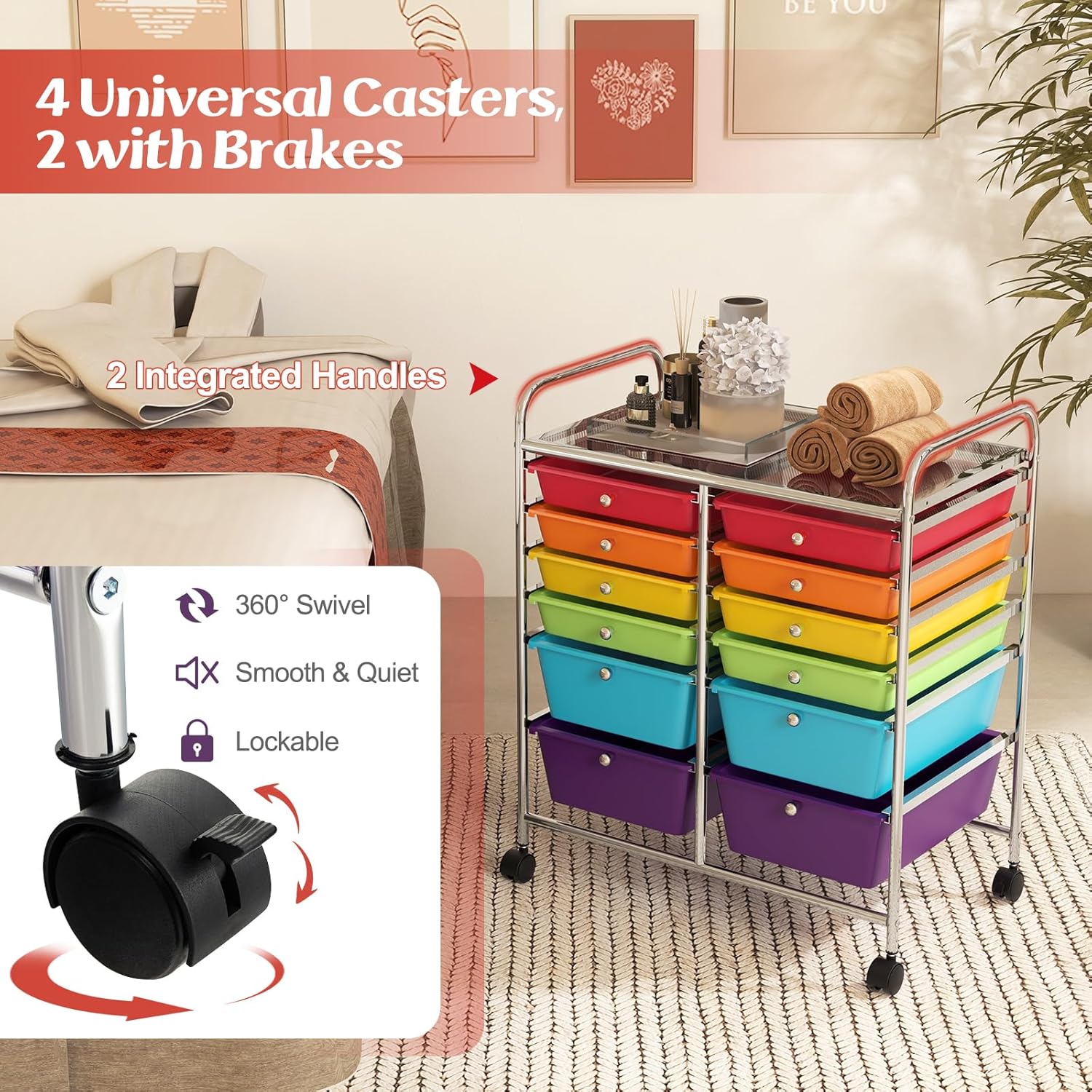 GOFLAME 12-Drawer Rolling Storage Cart, Multipurpose Organizer Cart with 2 Sizes Plastic Drawers, Mobile Utility Cart with Lockable Casters for School, Home Office, Beauty Salon, Multicolored