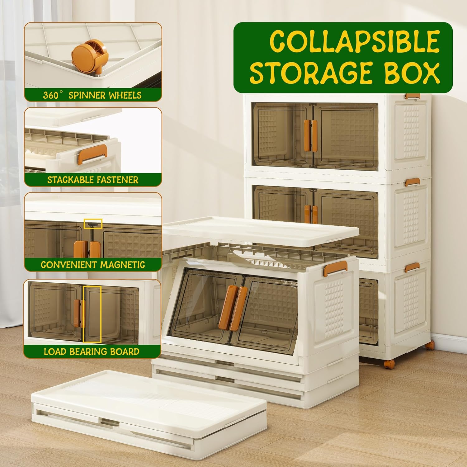3 Tier Extra Large Stackable Storage Bins with 1 Lid 155 QT/Tier, Collapsible Plastic Box Storage Bin with Wheels, Home Containers Boxes Closet Organizers forLiving Room, Office, Dorm