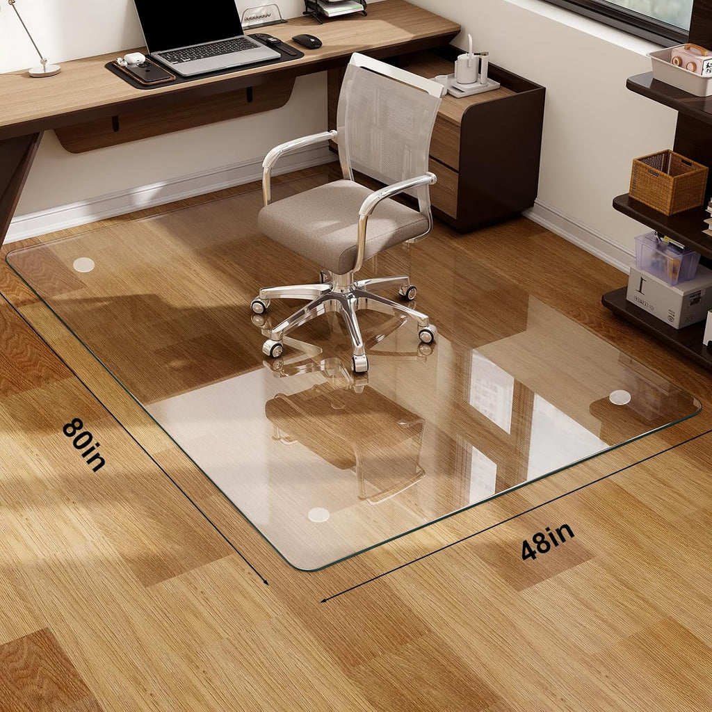 48" x 80" Tempered Glass -Glass Chair Mat, Heavy Duty Hard Floor Mat with Round Corner and Polished Edge, Office Chair Mat for Carpet Office Home Hardwood Floor Desk