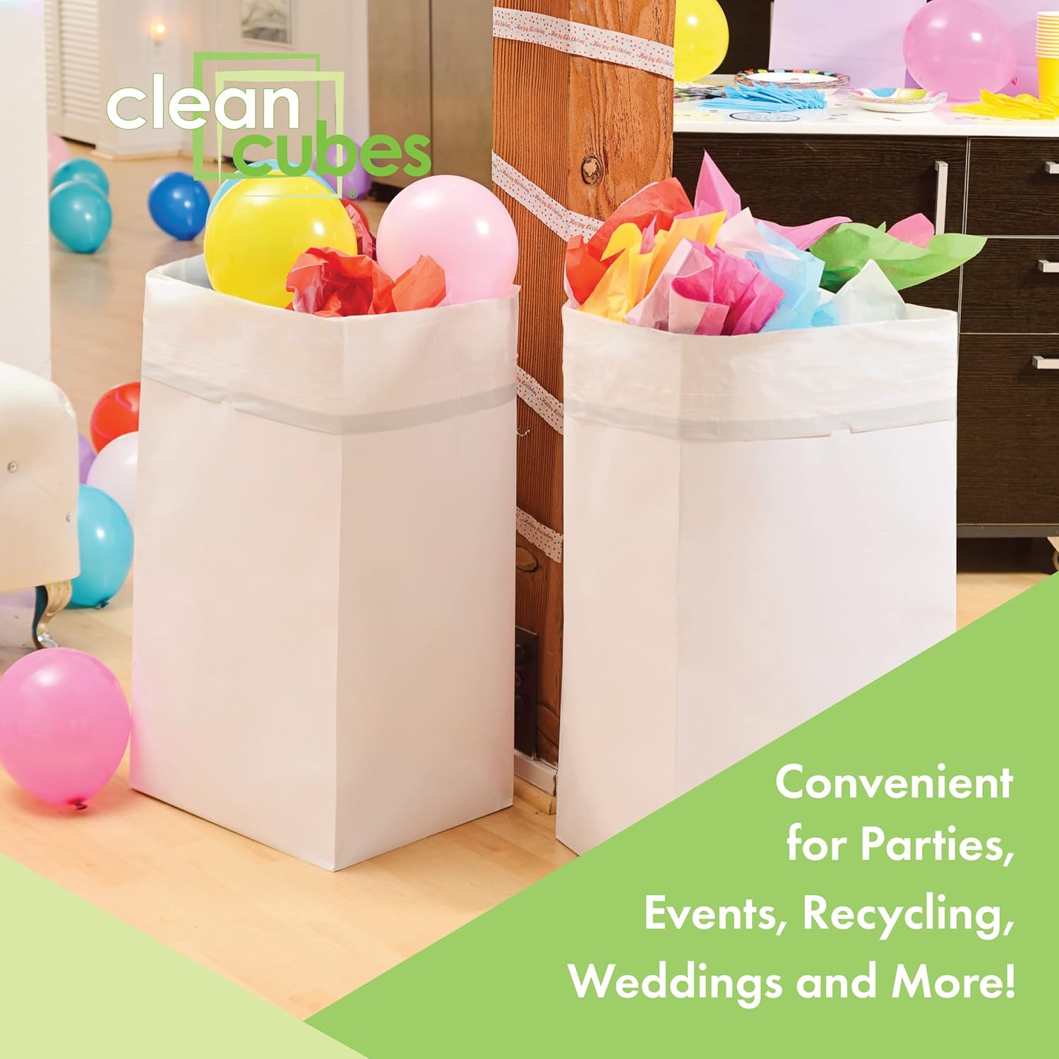 30 Gallon Disposable Pop-Up Trash Cans (3-Pack) with Fitted Bags – Foldable Garbage & Recycling Bins for Parties, Events & Kitchen (White, 30" H x 14" W x 17" D)