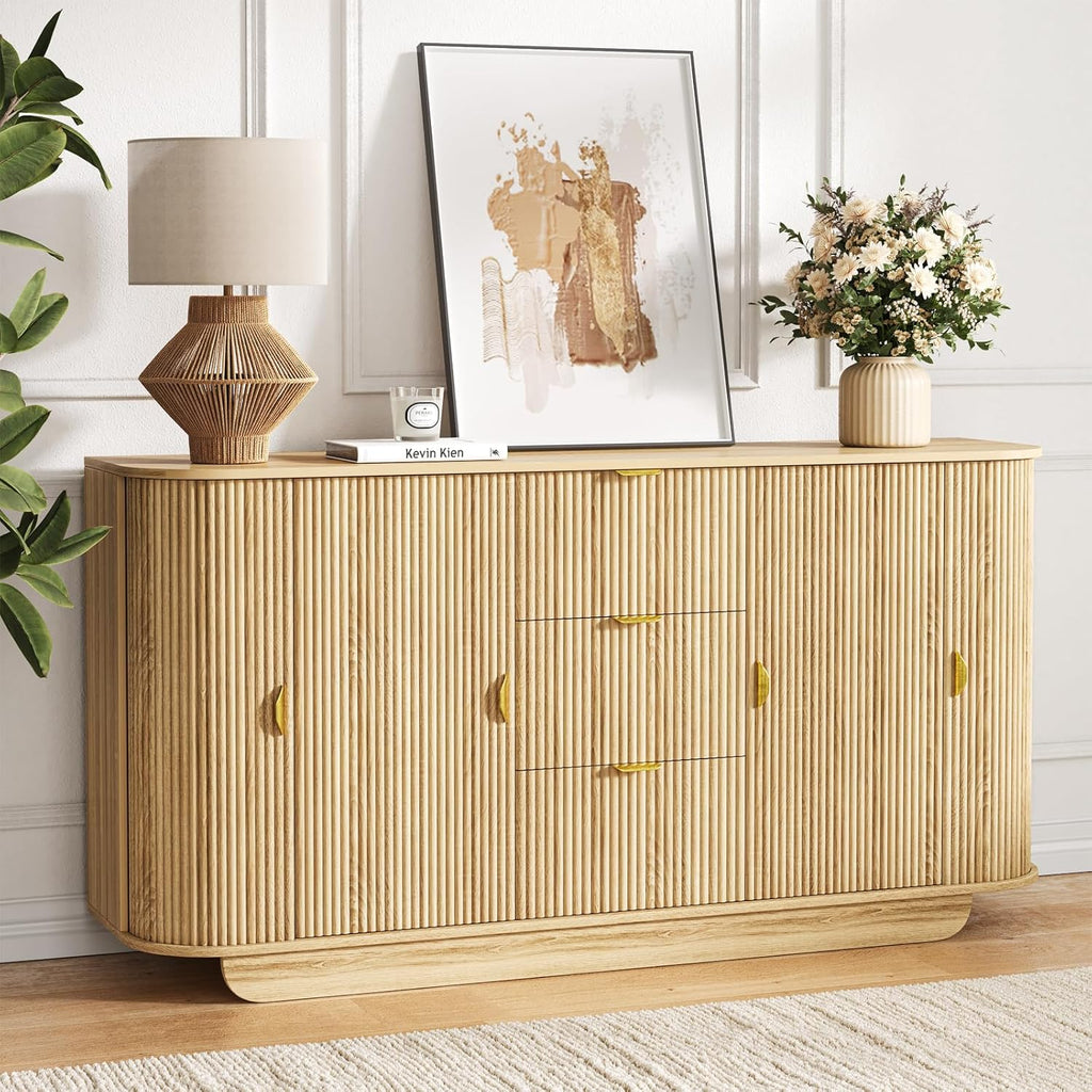 63" Tambour Dresser for Bedroom with 3 Drawers, Modern Chest of Drawers with Sliding Doors & 8 Shelves, Fluted Dresser Storage Organizer for Bedroom, Closet, Living Room(Natural)