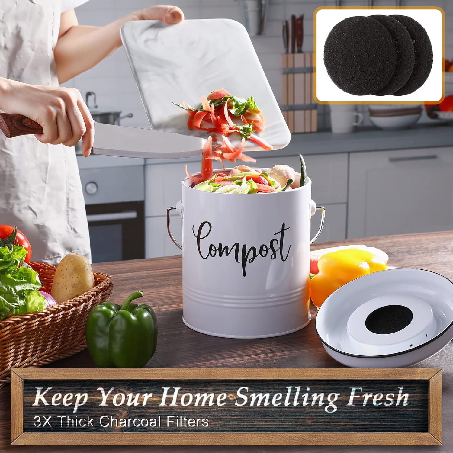 Compost Bin Kitchen, 1.3 Gallon Farmhouse Kitchen Compost Bin Countertop, Indoor Countertop Compost Bucket with Lid and Charcoal Filters, White