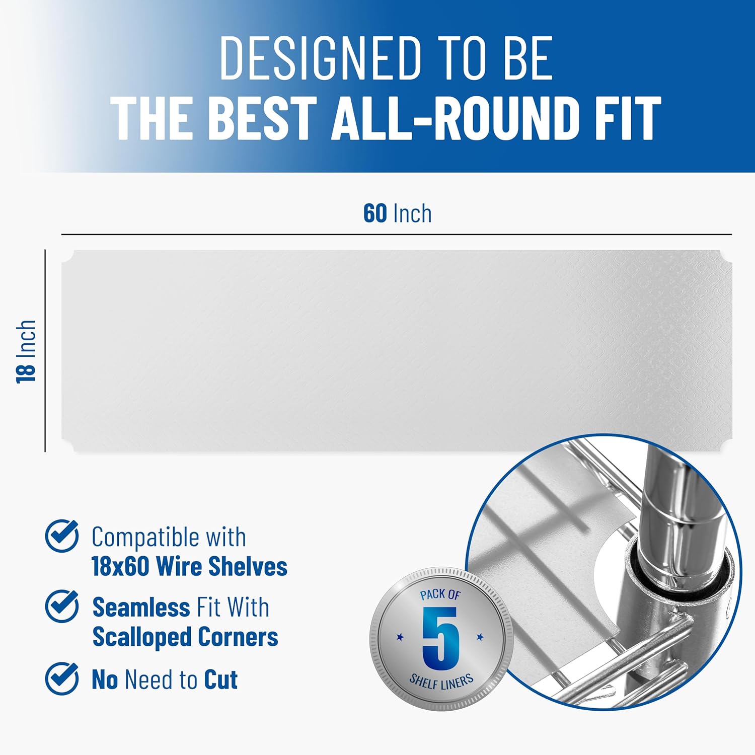 Shelf Liners for Wire Shelf System: Set of 5 in Clear: 18 x 60 inch: Plastic Wire Shelving Shelf Mats