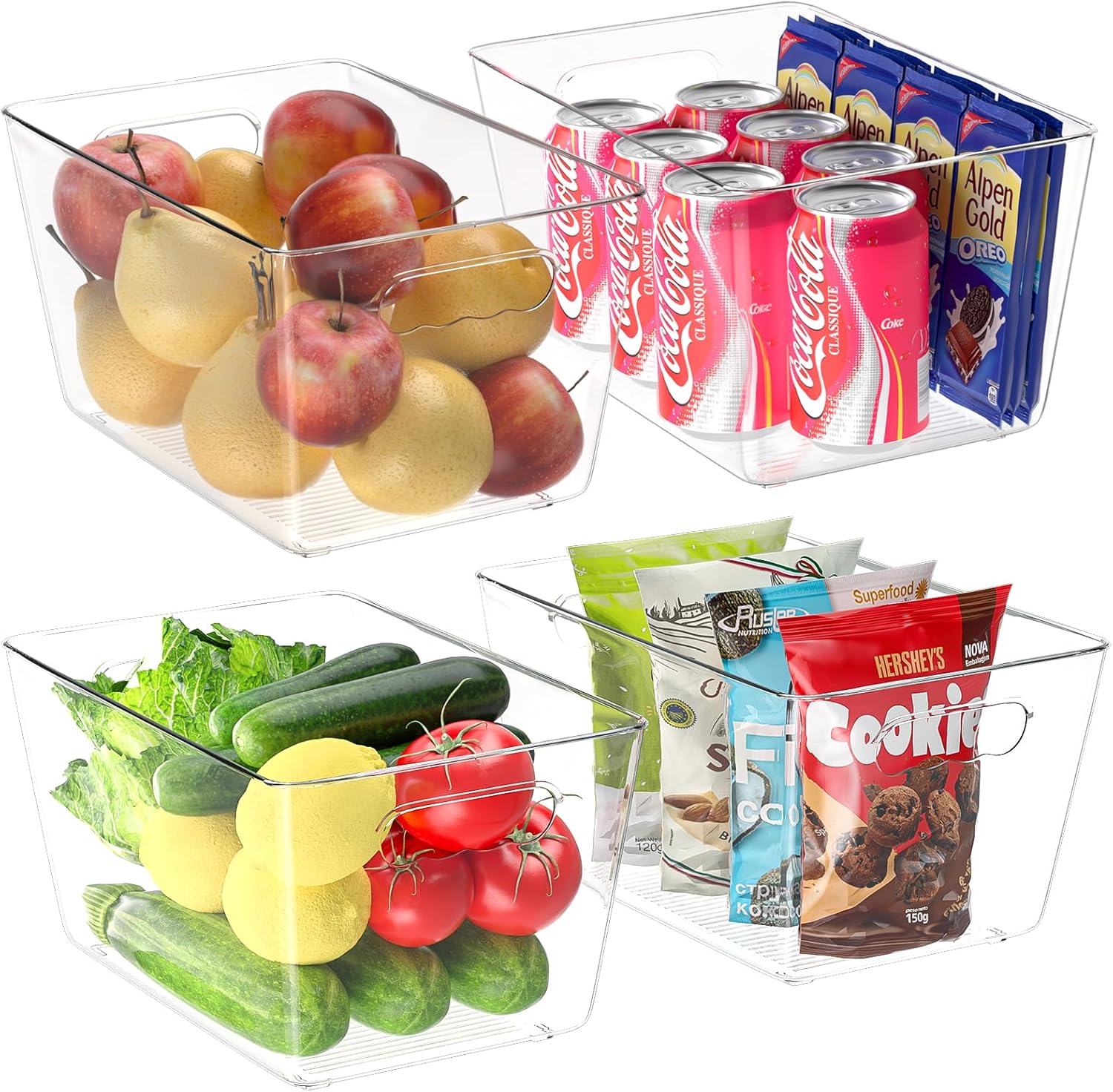 BALEINE Clear Plastic Storage Bins, Pantry Organization, BPA Free Stackable Refrigerator Organizers and Storage with Handles for Kitchen Fridge Cabinet Bathroom (4PK, 11x7.5x6)