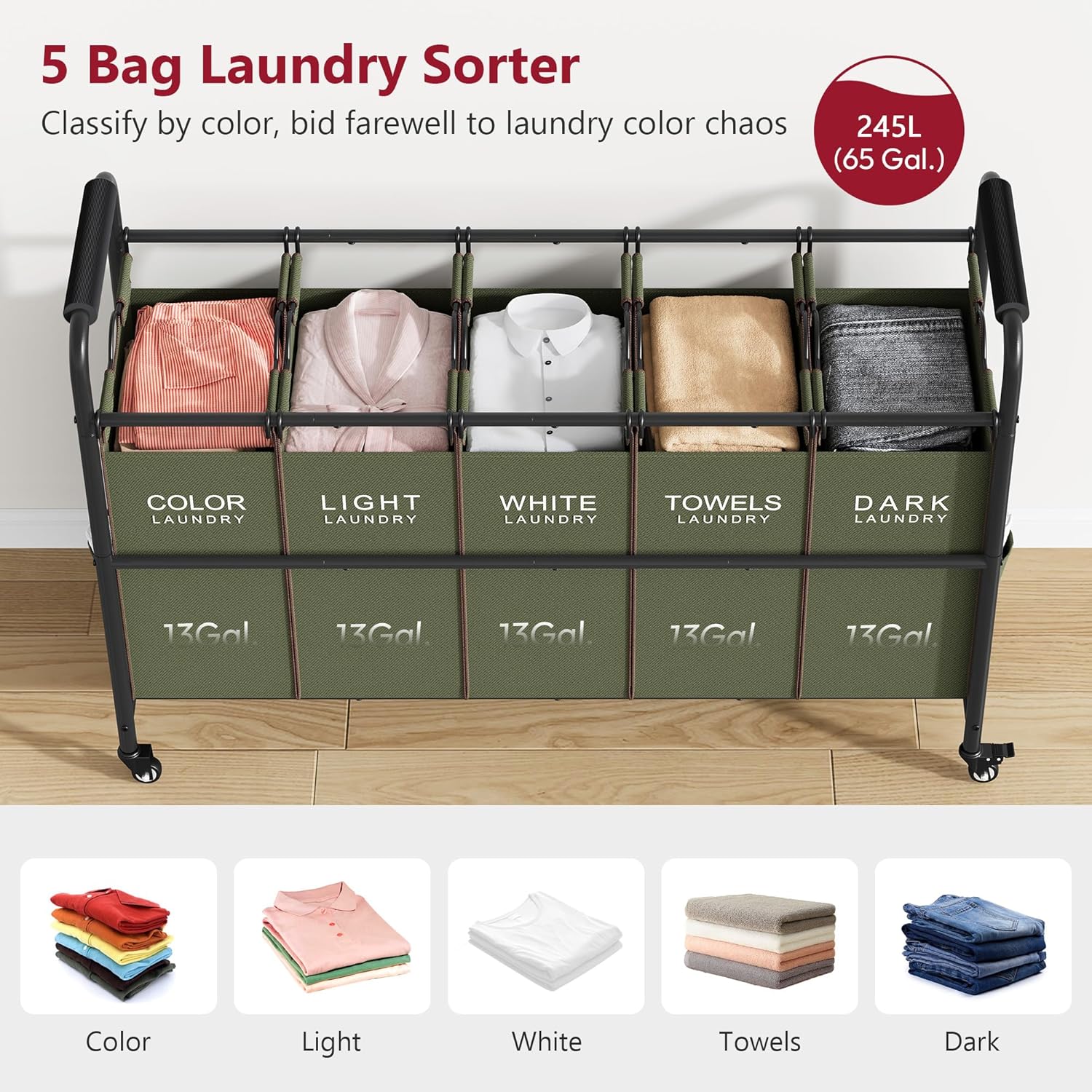 Tajsoon 5 Sections Laundry Sorter, Laundry Hamper with Heavy Duty Lockable Wheels and Removable Bags, 5 Bag Laundry Sorter Cart for Dirty Clothes Storage, Laundry Separator Hamper, Green