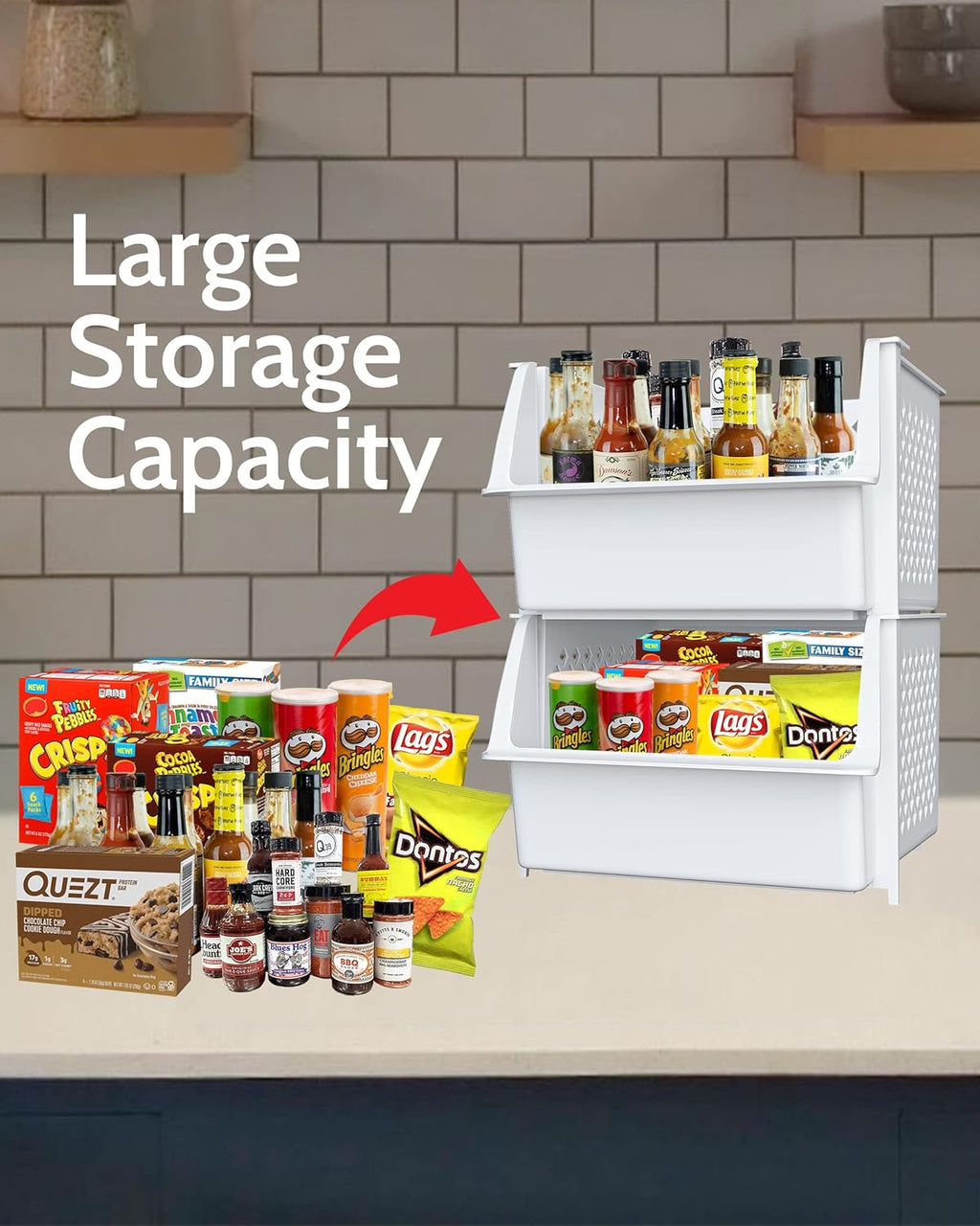 TidyFriend Plastic Stackable Storage Bins for Pantry, 2-Pack Stackable Bins for organizing food, kitchen, and bathroom essentials (White)