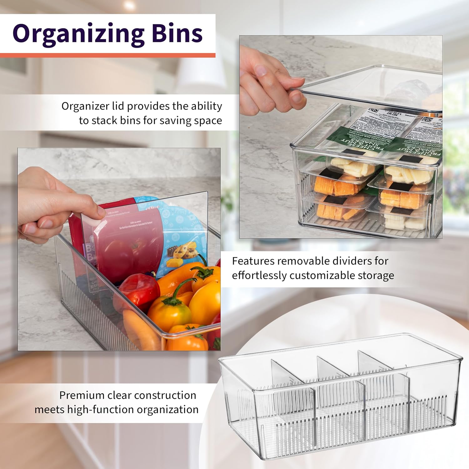 ClearSpace Pantry Organization and Storage Bins with Removable Dividers & Lids – Perfect Pantry Organizers or Kitchen Organization – Refrigerator Organizer Bins, Cabinet Organizers, 4 Pack