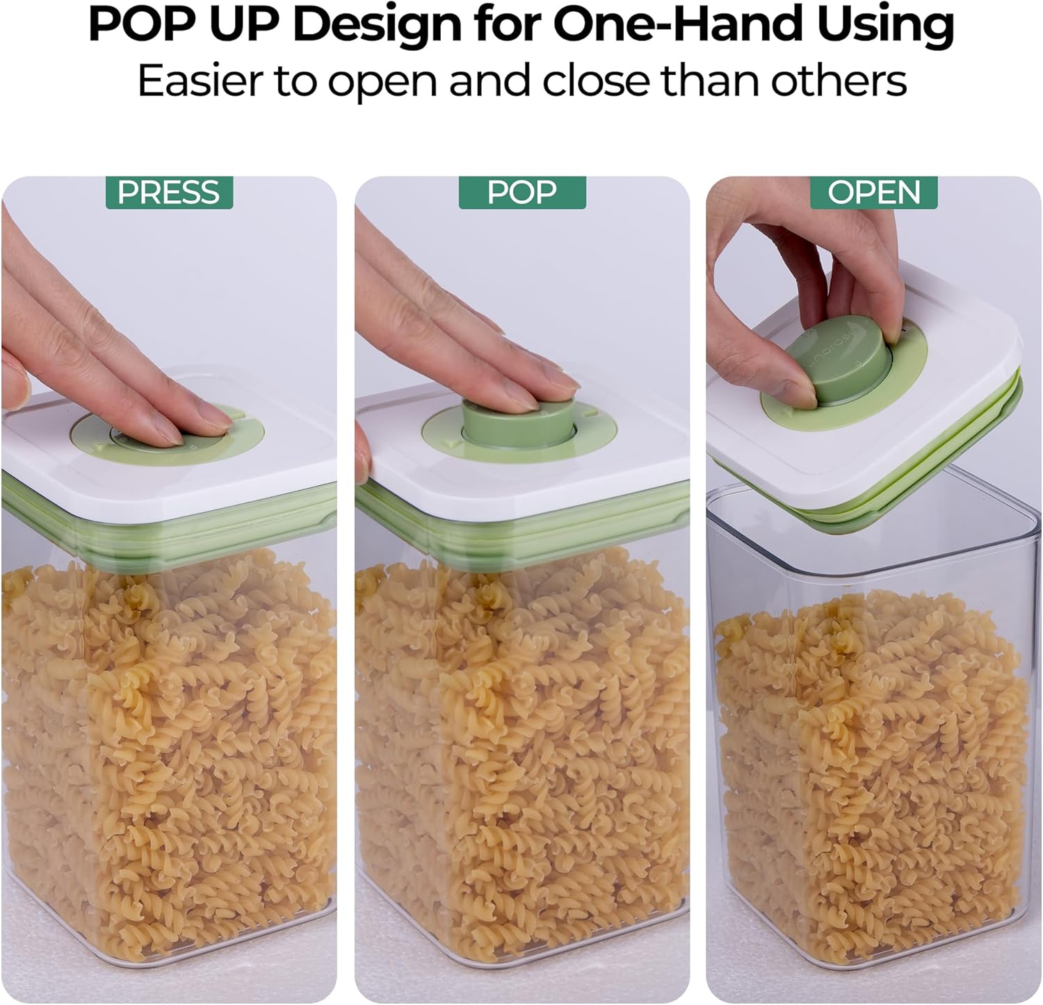 linoroso Set of 4 Pop Airtight Food Storage Containers with Date Recording Lids, Stackable Plastic Kitchen Storage Containers, Dry Cereal Container Set for Pantry Countertop Fridge Organization
