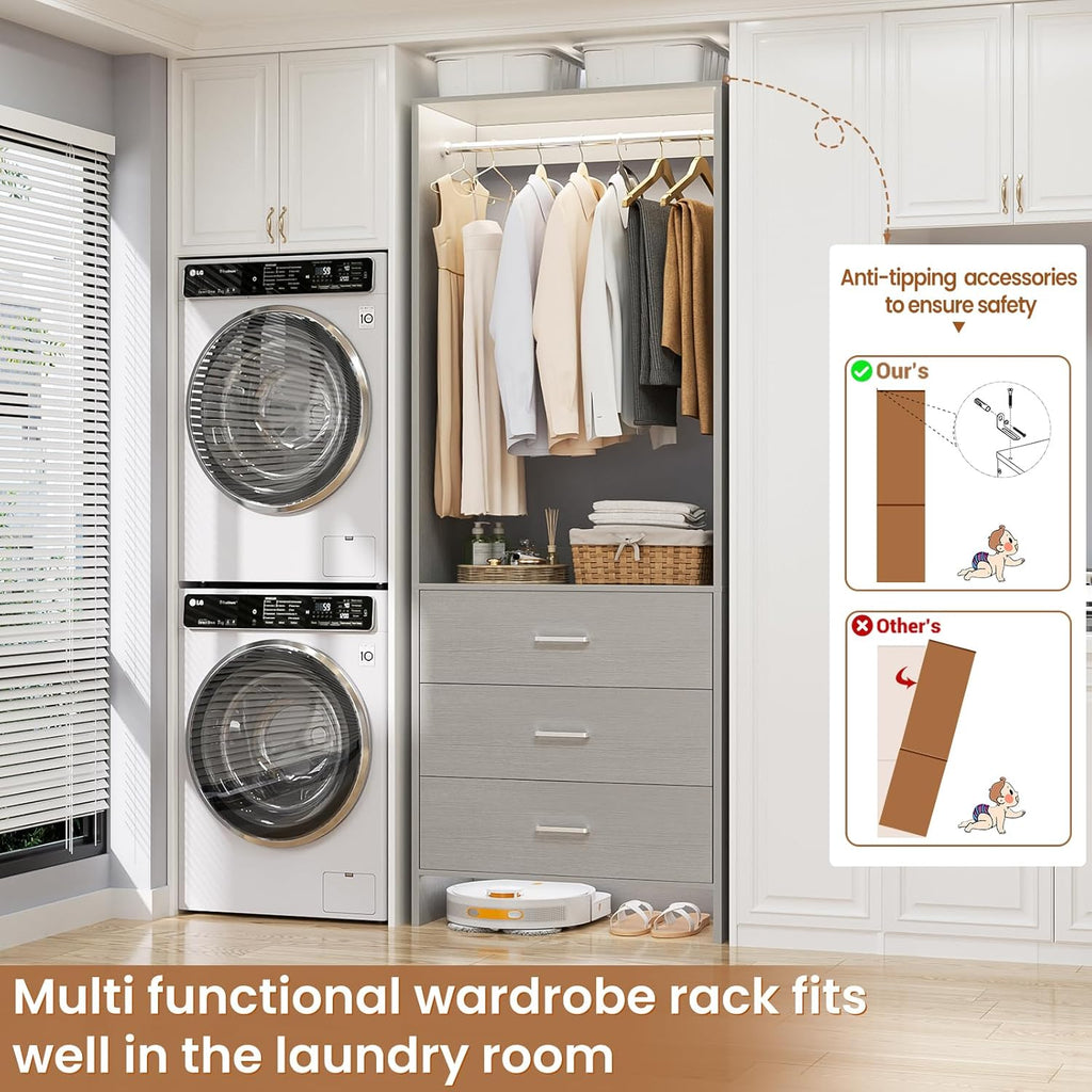 Aheaplus 2FT Closet System with 3 Drawers, 24’’ Closet Organizer, Wood Closet Organizer System, Walk-in Closet or Small Closets Wardrobe, Clothes Rack with Hanging Rods,-E6, Grey