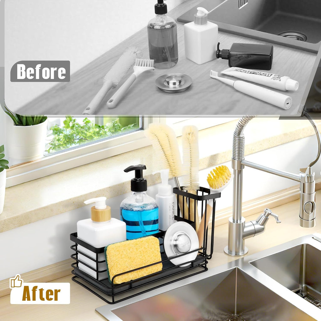 Sponge Holder for Kitchen Sink – Rustproof Sink Caddy & Kitchen Organizer with High Brush Holder, Fast Drying Diatomite Base, 304 Stainless Steel Dish Sponge Rack(Black)