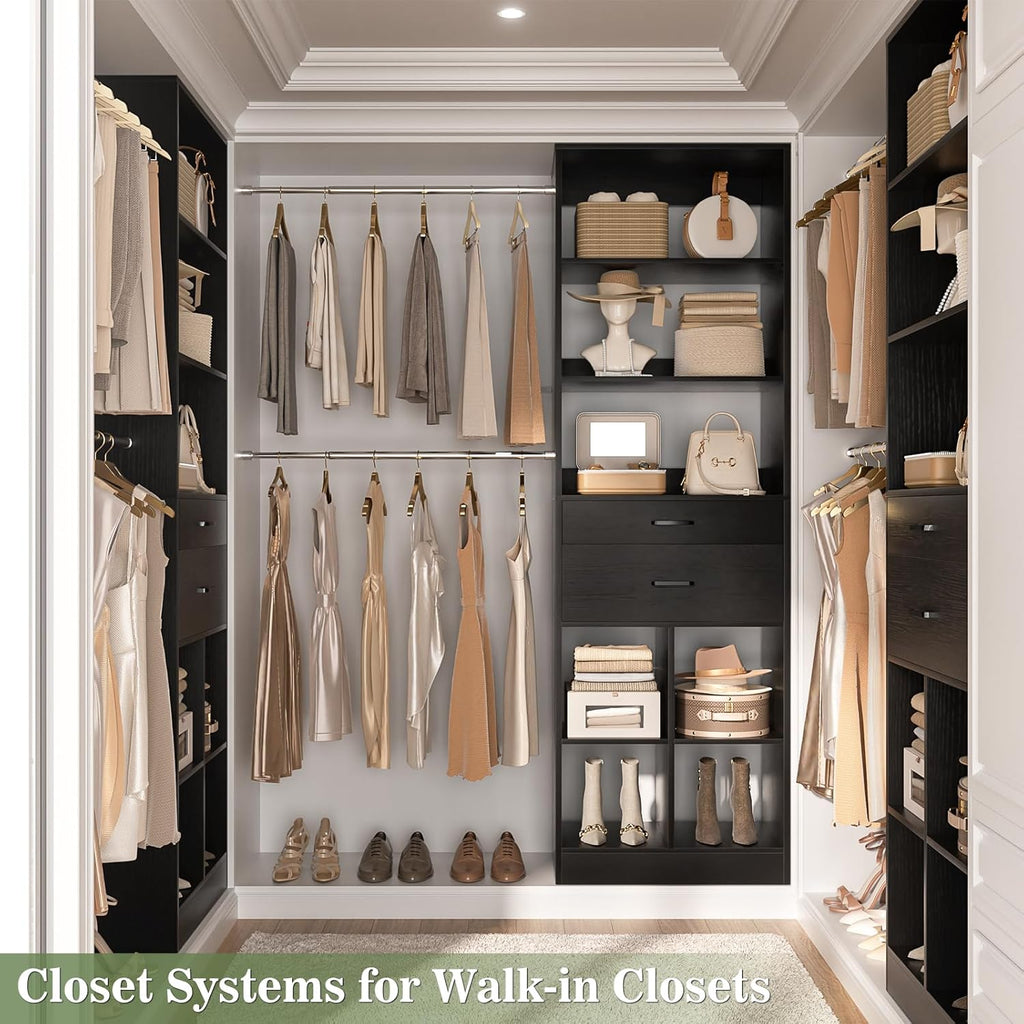 Closet System, 4-8 FT Closet Organizer Tower with 2 Wooden Drawers and Shelves, Can Fit 60 to 96 inch Walk-in Closet System with 5 Hang Rods, Built-in, Black