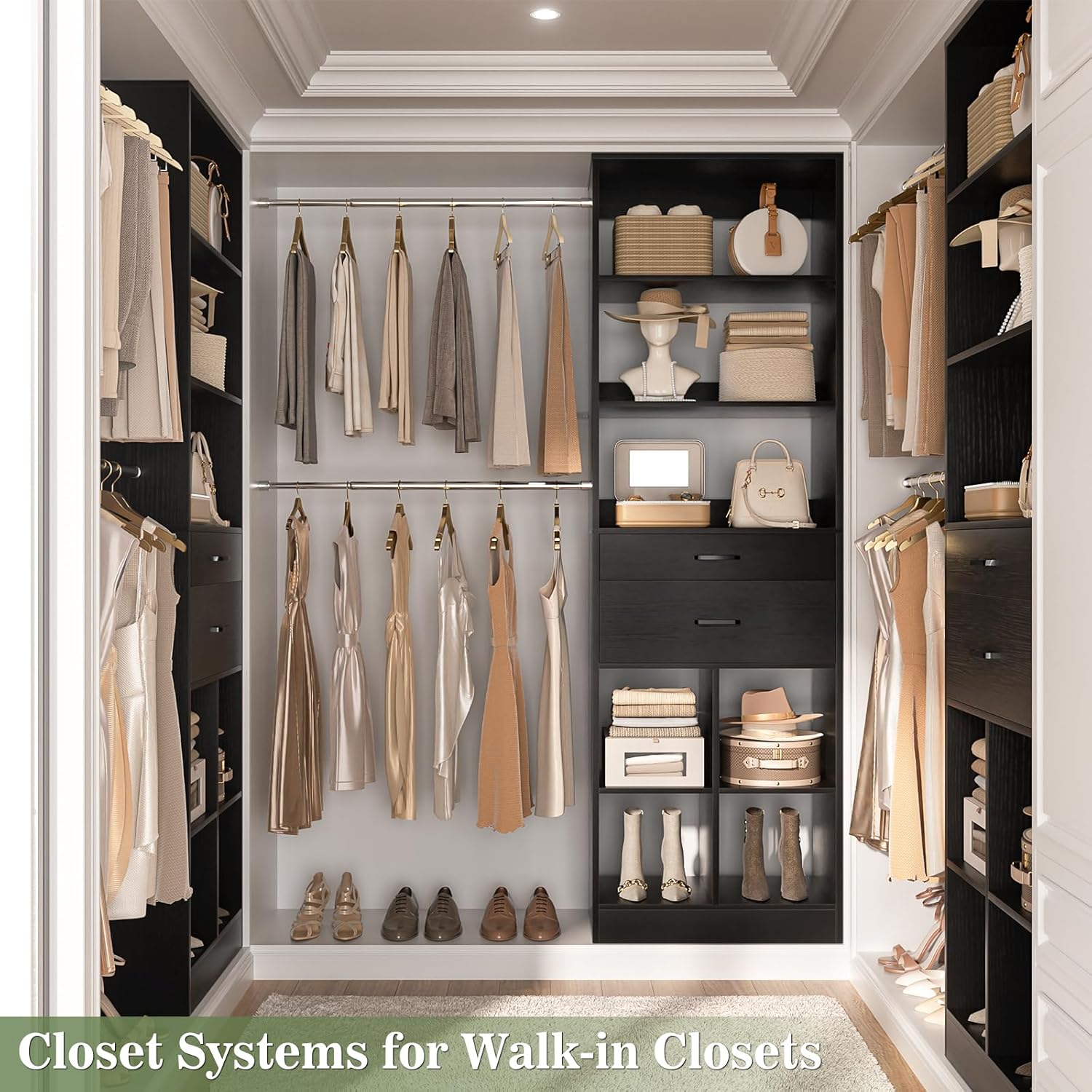 Closet System, 4-8 FT Closet Organizer Tower with 2 Wooden Drawers and Shelves, Can Fit 60 to 96 inch Walk-in Closet System with 5 Hang Rods, Built-in, Black