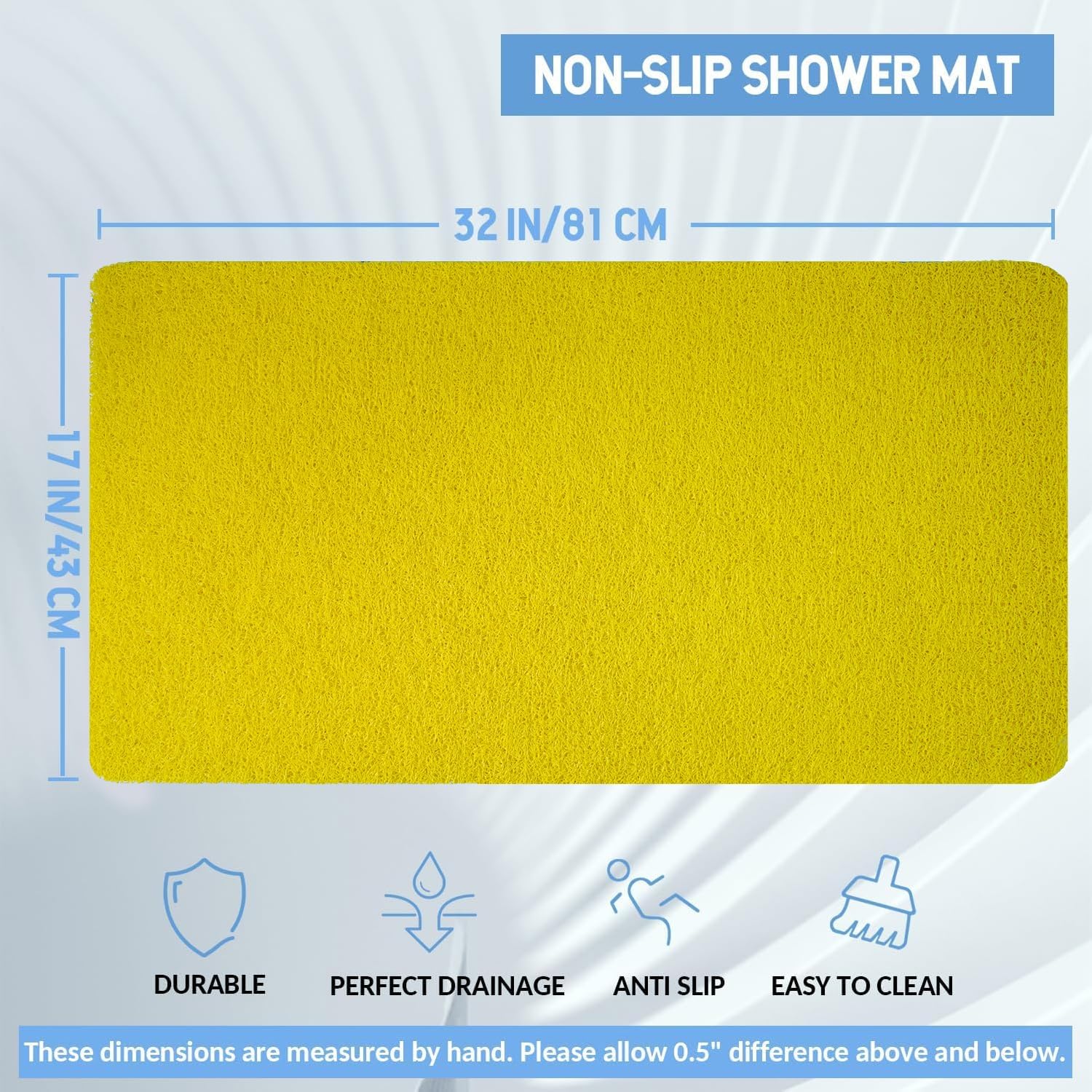 Non-Slip Bathtub Mat, Anti Slip Shower Mat, Fast Drying Bathtub Mats, Foot Scrubber Mat, Anti Slip Mat for Tub, Floor, Bathroom, Kitchen, Home, Hotel (Yellow 32"×17")