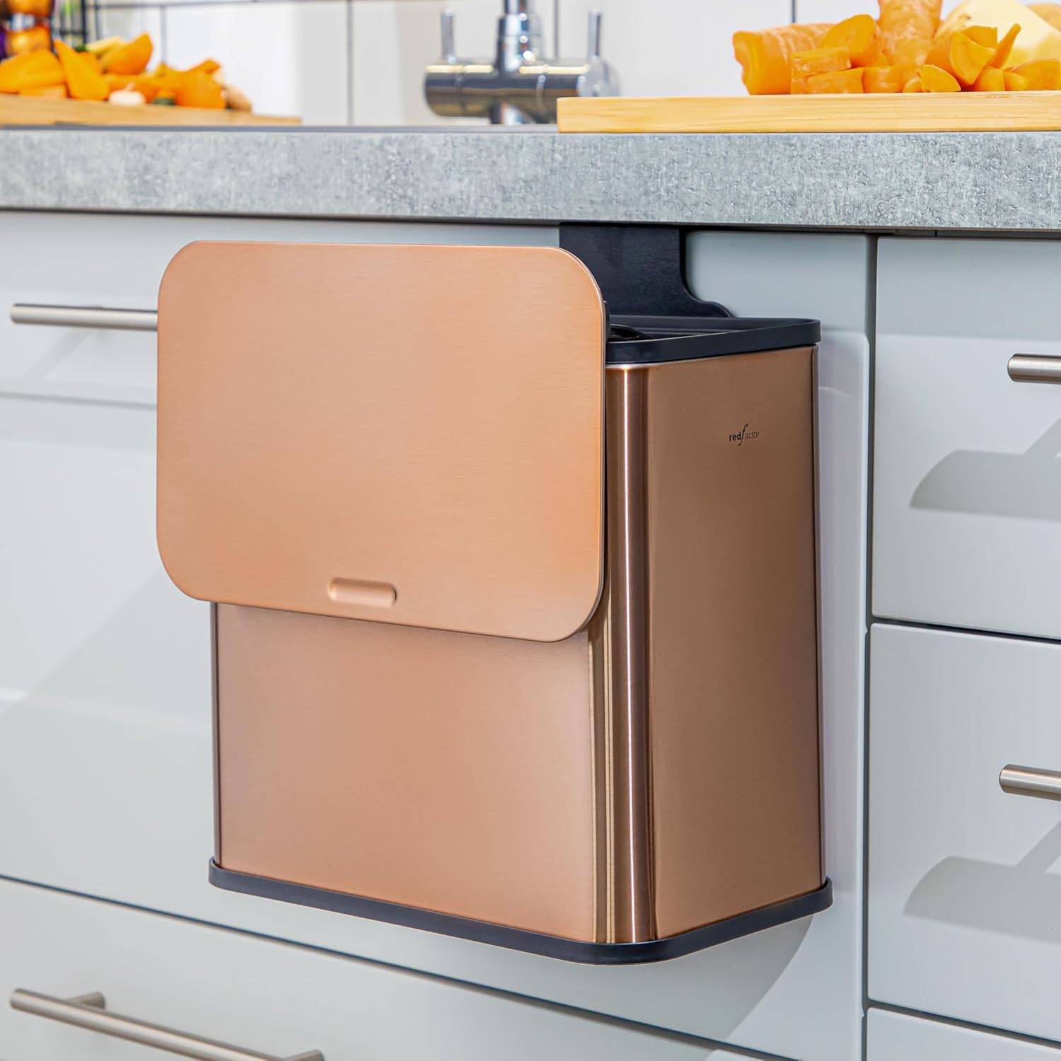 RedFactor Stainless Steel Hanging Trash Can with Lid and Inner Bucket – Slim 1.3 Gallon Odor-Free Compost Bin for Kitchen Cabinet, Countertop, Under Sink, or Bathroom (Copper)
