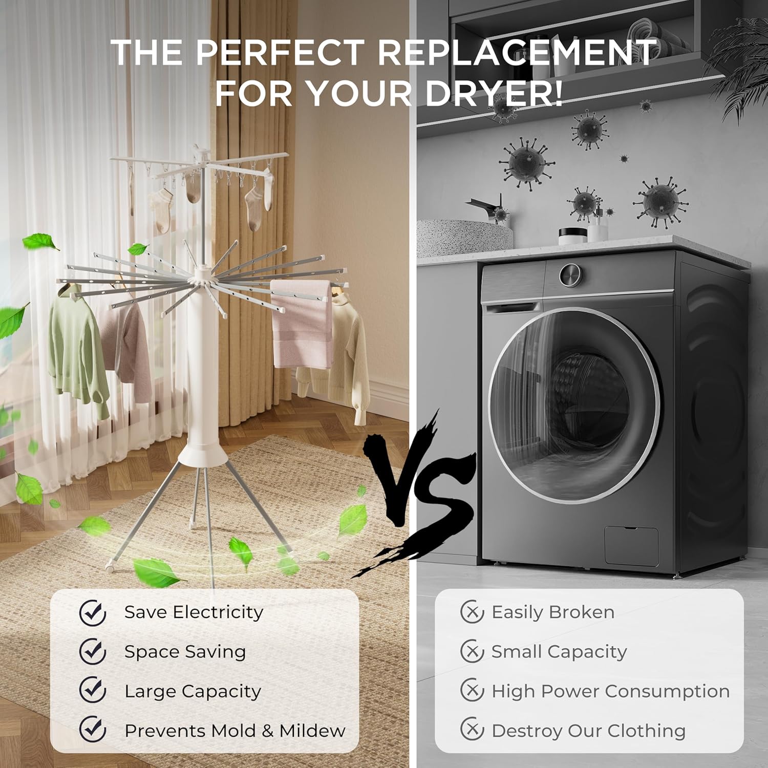 4-Legged Clothes Drying Rack, Portable Dryer Rack with 20 Clips, Outdoor Laundry Drying Rack with 4 Pulleys, Collapsible Drying Rack Clothing, Aluminum Hanging Dryer Rack for Clothes, Socks