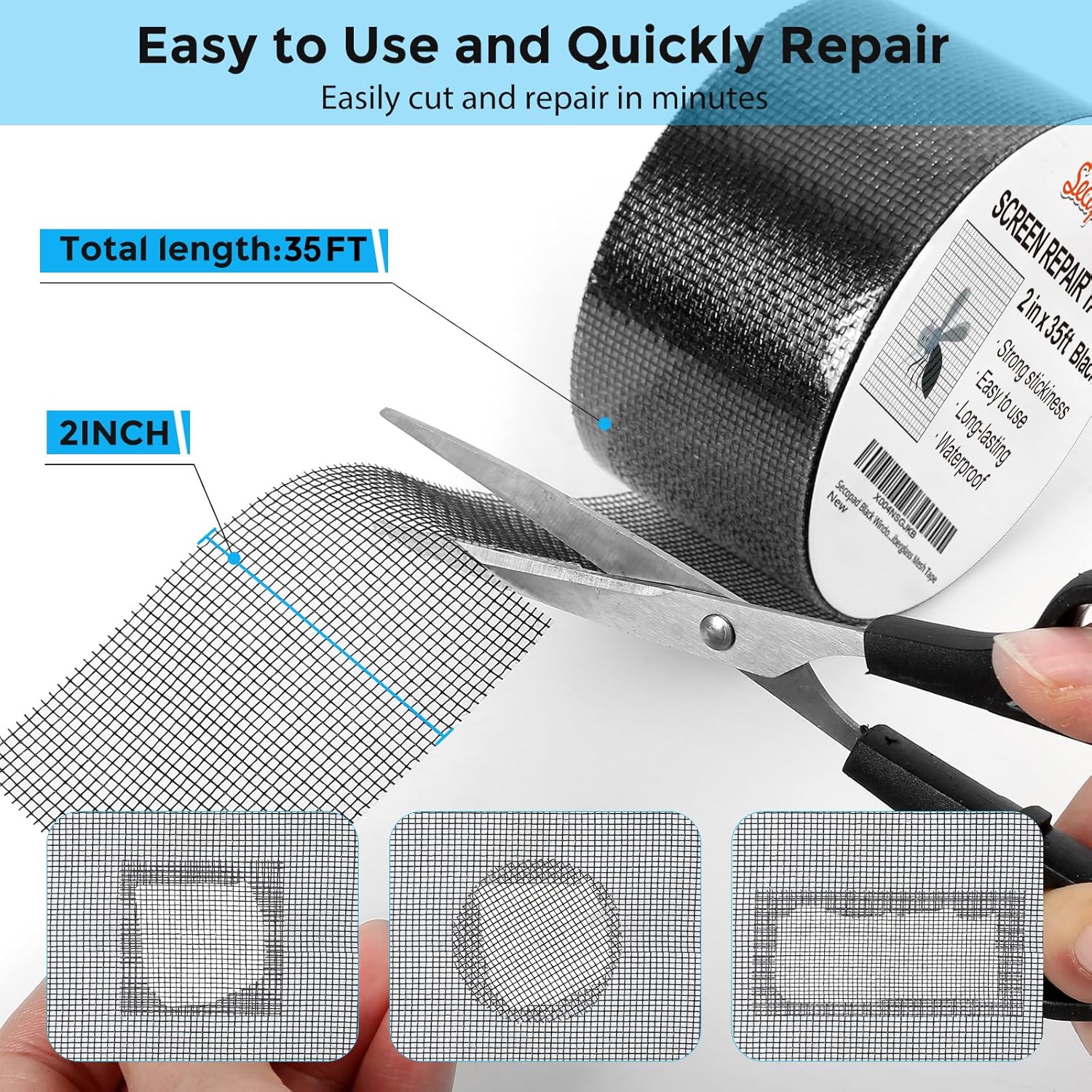 Black Window Screen Repair Tape, 2IN X 35FT (420IN) Screen Repair Kit for Windows or Doors, Strong Adhesive Patch Kit Fiberglass Mesh Tape