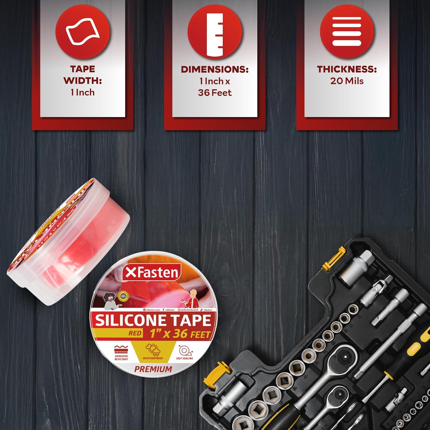 XFasten Self Fusing Silicone Tape Waterproof – 1" x 36 Feet Red, Self Amalgamating Tape, Silicone Rubber for Plumbing, Sealing Pipes, Hose Repair, Outdoor Coax and Electrical Cables – Weatherproof