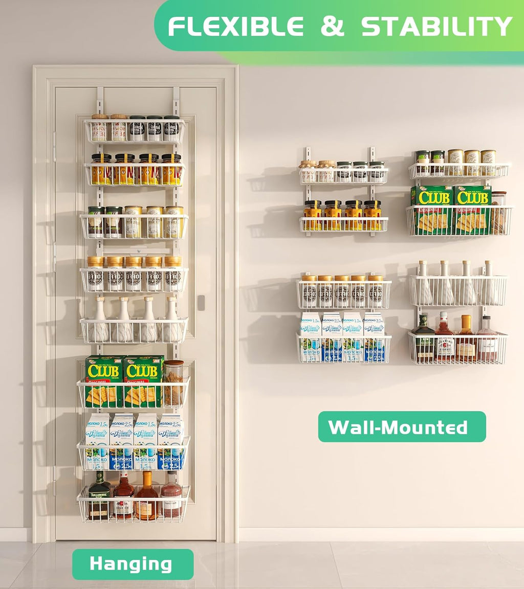 White 12 Inch Wide Narrow Over The Door Pantry Organizer, Pantry Organization and Storage, 8-Tier Metal Hanging Deep Basket Wall Spice Rack Seasoning Shelves, Home & Kitchen Essentials
