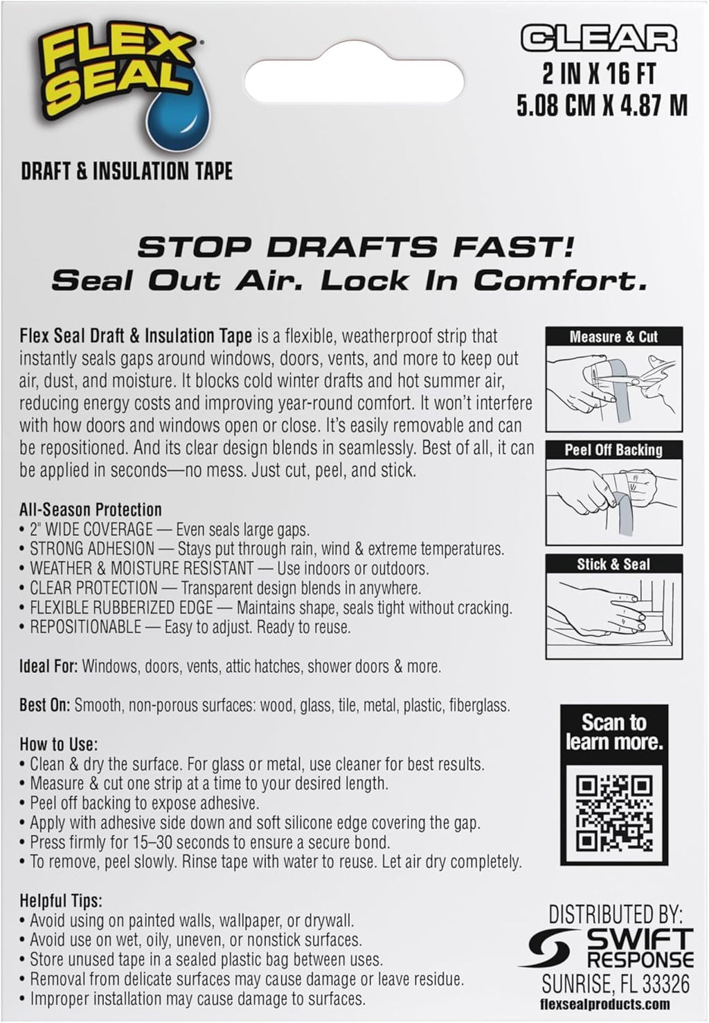 Flex Seal Draft and Insulation Sealing Tape, Flexible, Rubberized, Weatherproof Strip for Windows, Doors, Vents, Works on Wood, Glass, Tile, Metal, Plastic, Fiberglass, Clear, 2 in x 16 ft, Pack of 1