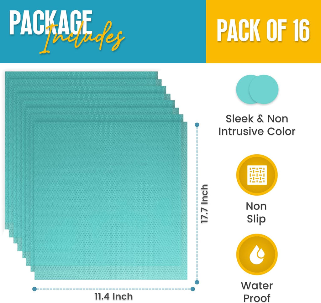 Refrigerator Liners for Shelves (16 Pack) by Linda’s Essentials - Non-Adhesive Shelf or Drawer Liner, BPA-Free Fridge Mats for Kitchen & Cabinets, Easy to Clean, Ideal Household Essentials (Blue)
