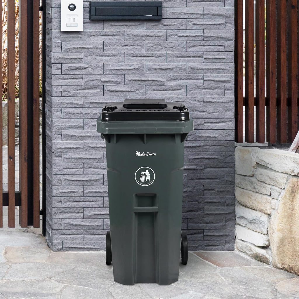 32 Gallon Trash Can Lid Outdoor Trash Can with Lid and Wheels Heavy-Duty Trash Bin for Outside Plastic 32 Gallon Garbage Can Wheeled Gray for Hospitals Restaurants Offices, Pack of 2
