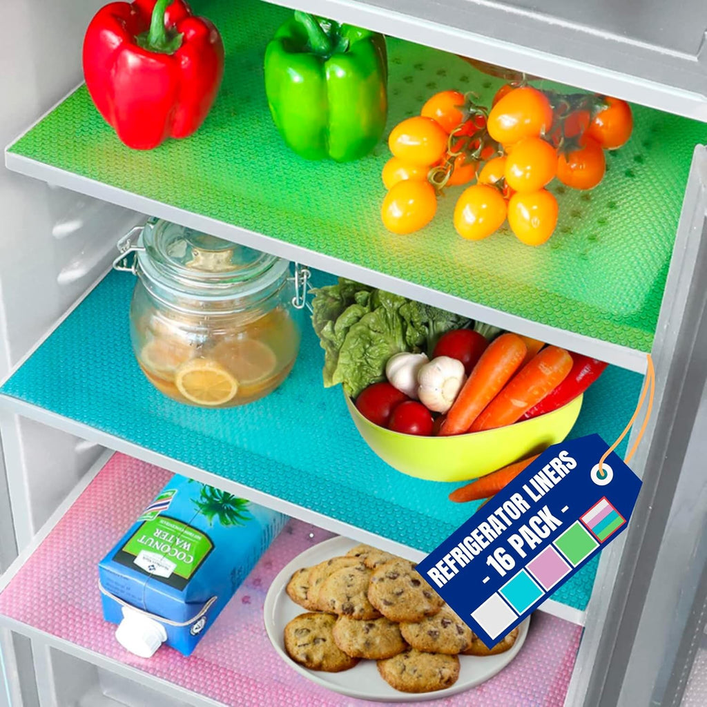 Refrigerator Liners for Shelves (16 Pack) by Linda’s Essentials - Non-Adhesive Shelf or Drawer Liner, BPA-Free Fridge Mats for Kitchen & Cabinets, Easy to Clean, Ideal Household Essentials(MultiColor)