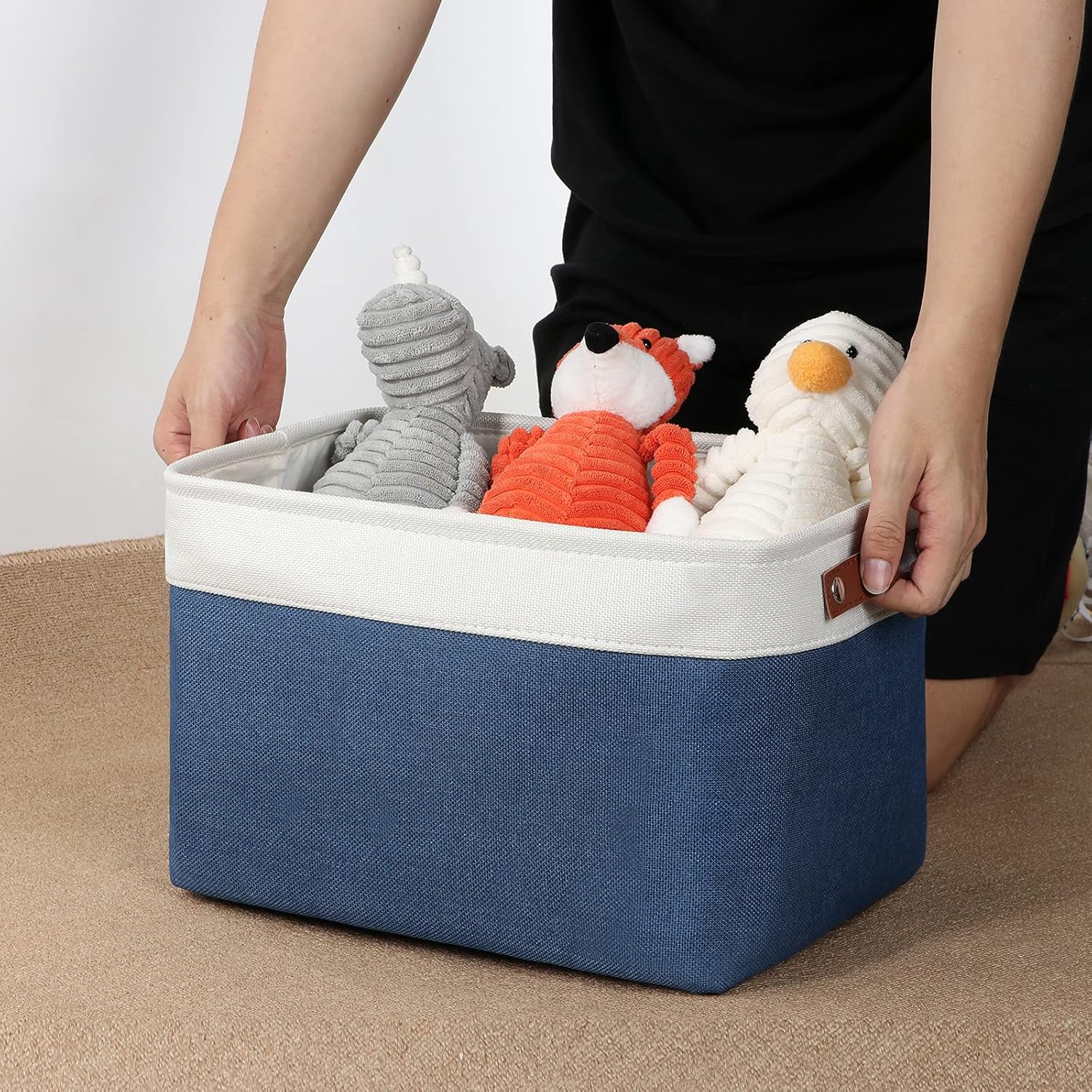 DULLEMELO Fabric Storage Basket for Closets,15x11x9.5 inch Foldable Storage Basket Bin with Handles for Office, Closet,Bedroom (White&Blue,1 Pack)