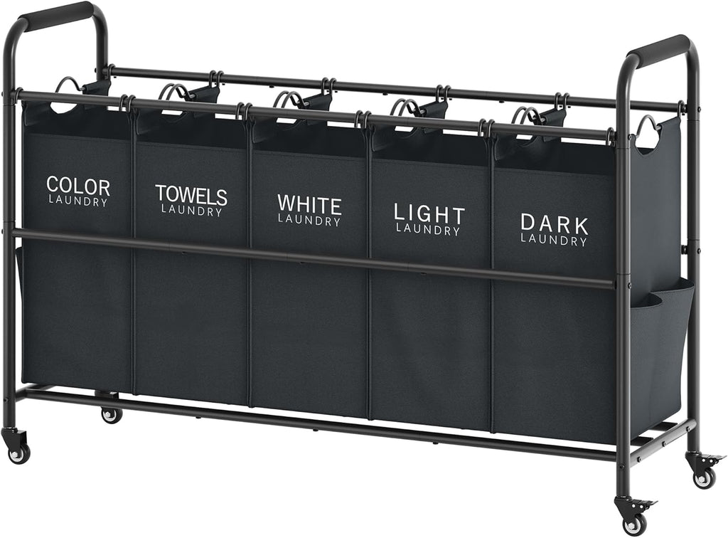 Tajsoon 5 Bag Laundry Sorter Cart, 5 Section Laundry Hamper with Heavy Duty Rolling Lockable Wheels, Laundry Basket Organizer with Removable Bags for Dirty Clothes Storage, Black