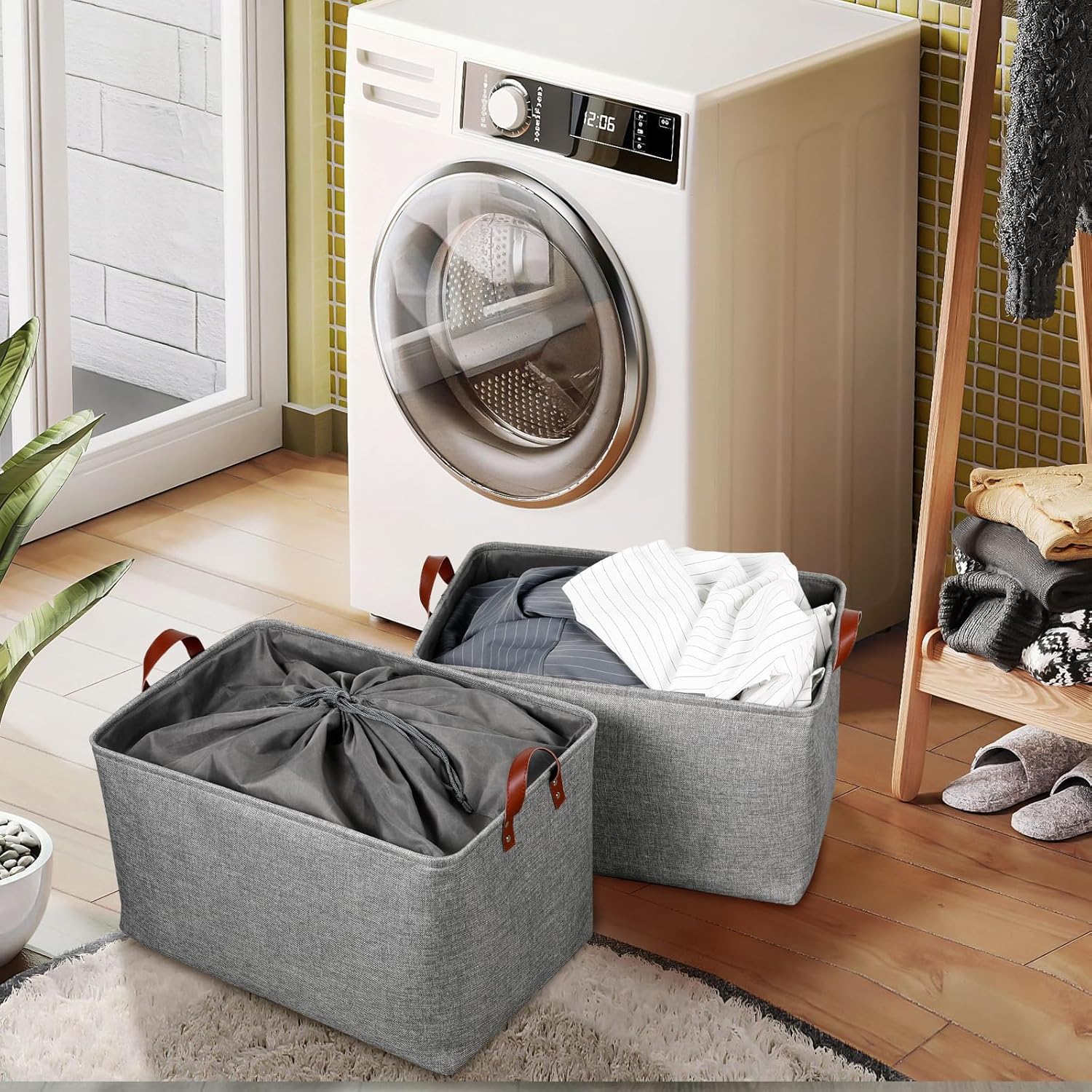 DULLEMELO Extra Large Grey Basket for Organizing, Collapsible Fabric Storage Basket with Handles, 70L Oversized Storage Bin, Large Closet Toys Blanket Organizer for Living Room, Laundry, Nursery
