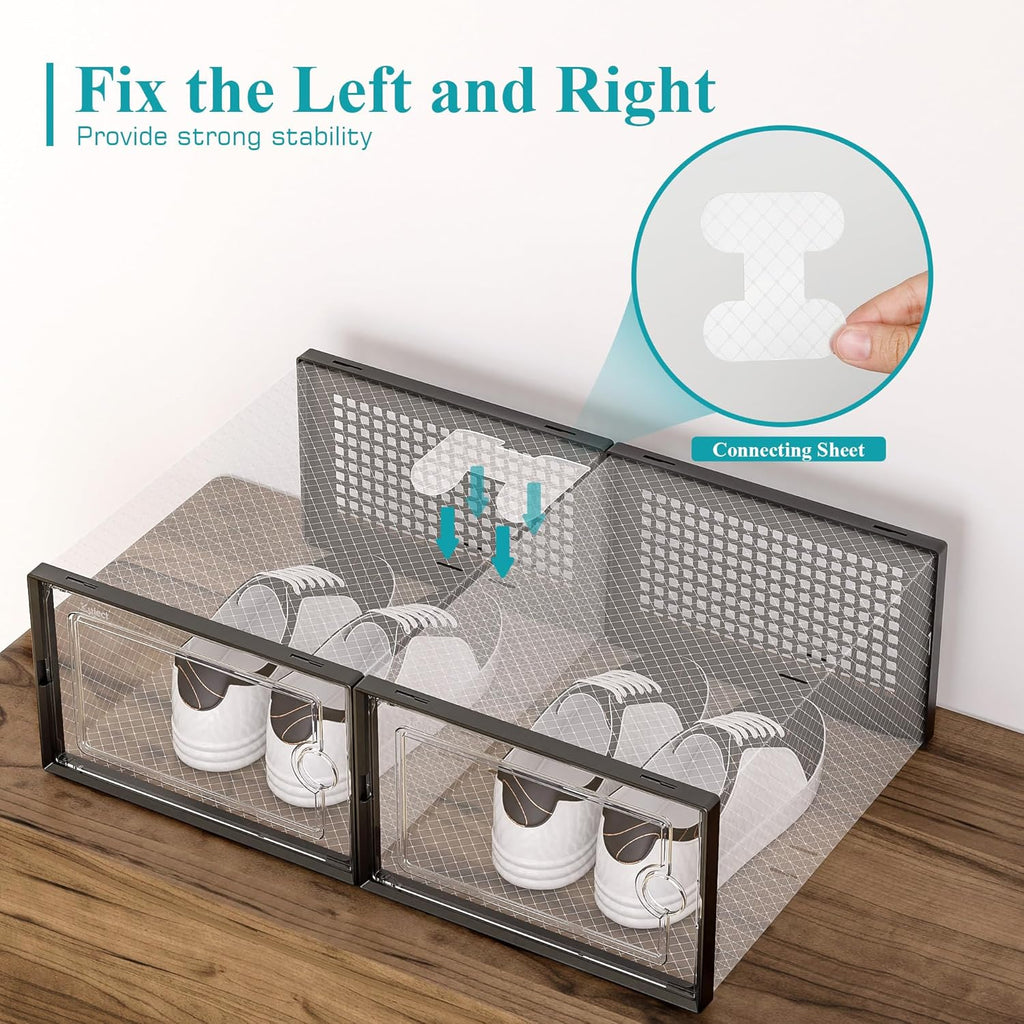 Kuject Large Shoe Organizers Storage Boxes for Closet, 12 Pack Clear Plastic Stackable Storage Bins with Lids, Under Bed Shoe Containers for Entryway, Drop Front, Fit up to Women's Size 10,Black