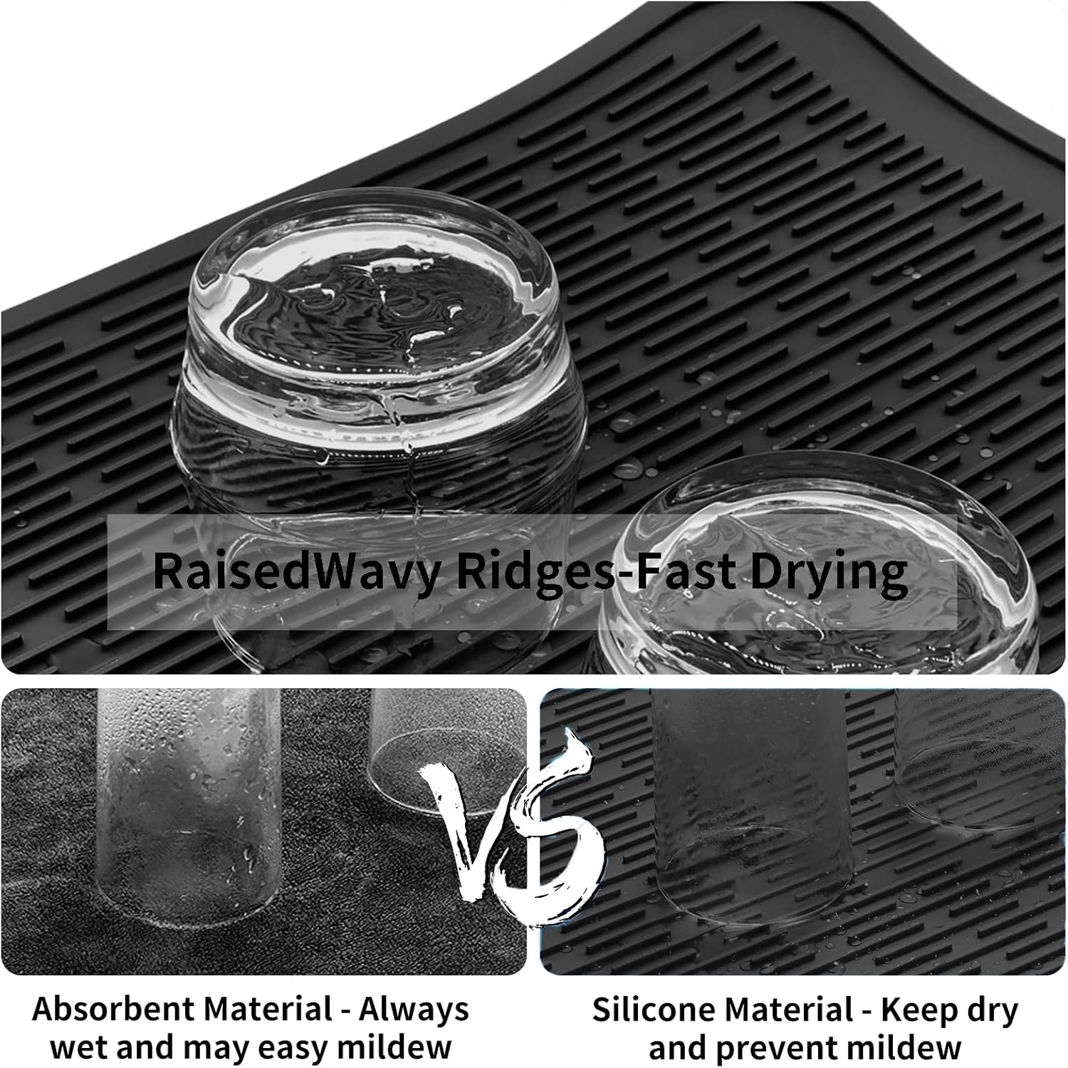 ZLR Silicone Dish Drying Mat for Kitchen Counter, Eco-Friendly Fast Dry Dish Mat, Easy Clean Multi Usage Drying Matt, Heat Resistant Trivet, 16" x 18" XL, Black