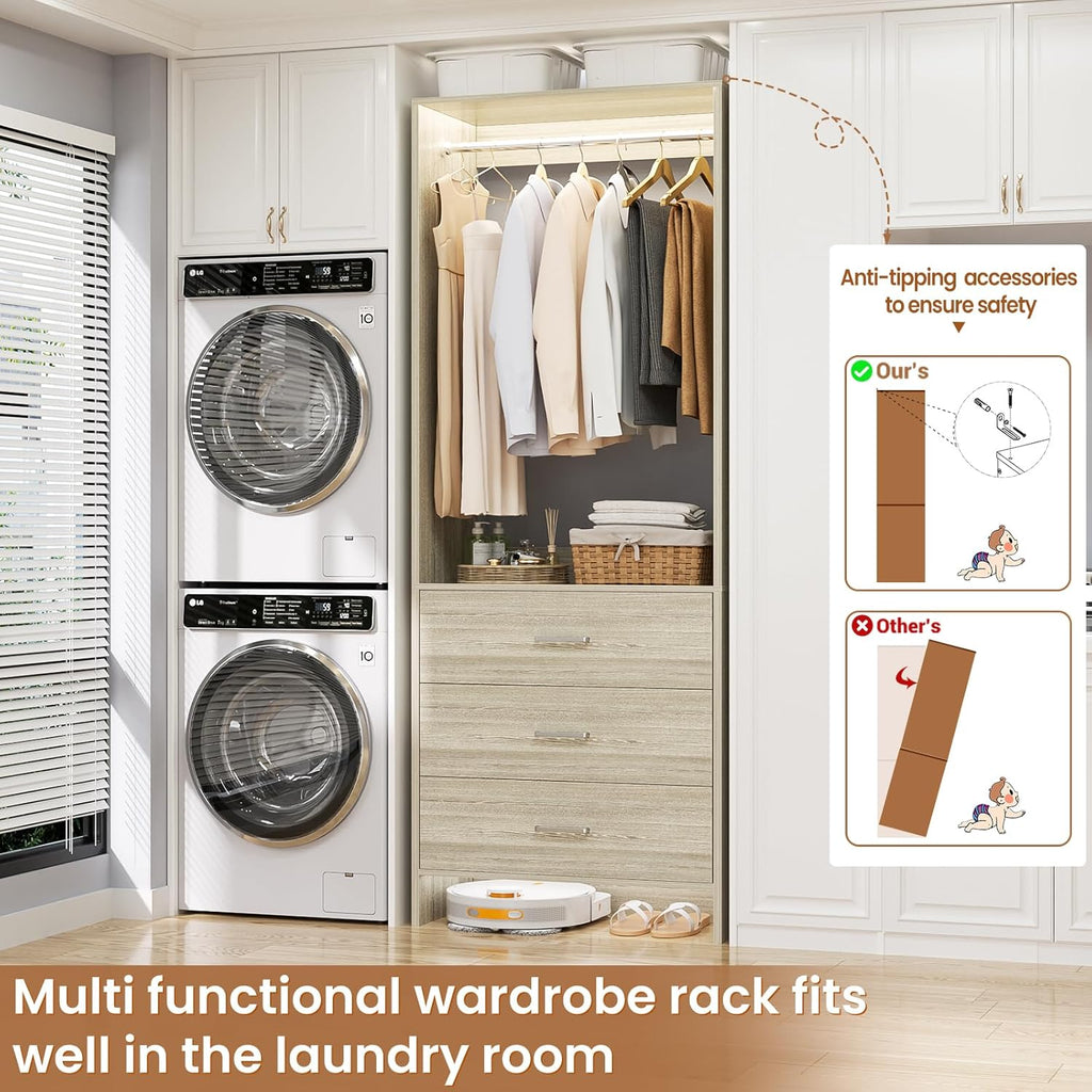 Aheaplus 2FT Closet System with 3 Drawers, 24’’ Closets Organizer, Wood Closet Organizer System, Walk-in Closets or Small Wardrobe, Clothes Rack with Hanging Rods, White Oak